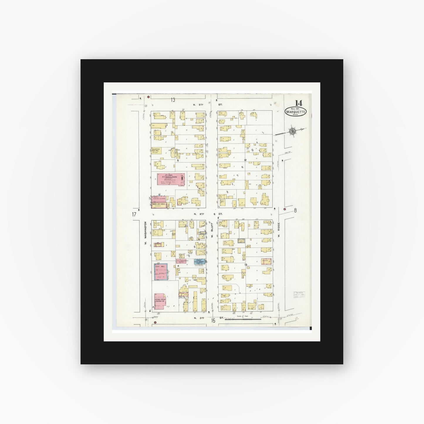 Old map wall art mockup — black gallery frame with white mat — Sanborn Fire Insurance Map from Marquette, Marquette County, Michigan (1911), Sheet #0014