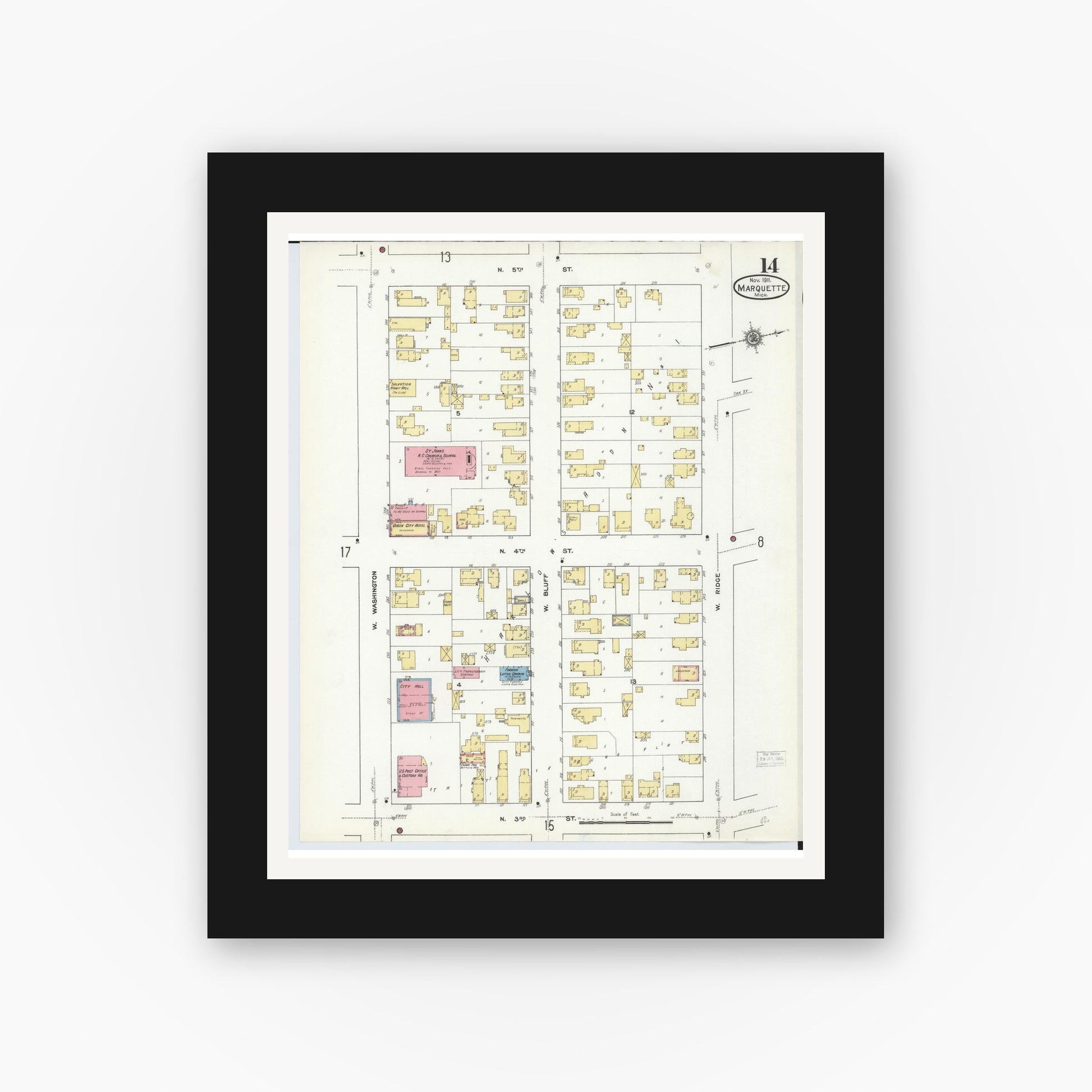 Old map wall art mockup — black gallery frame with white mat — Sanborn Fire Insurance Map from Marquette, Marquette County, Michigan (1911), Sheet #0014