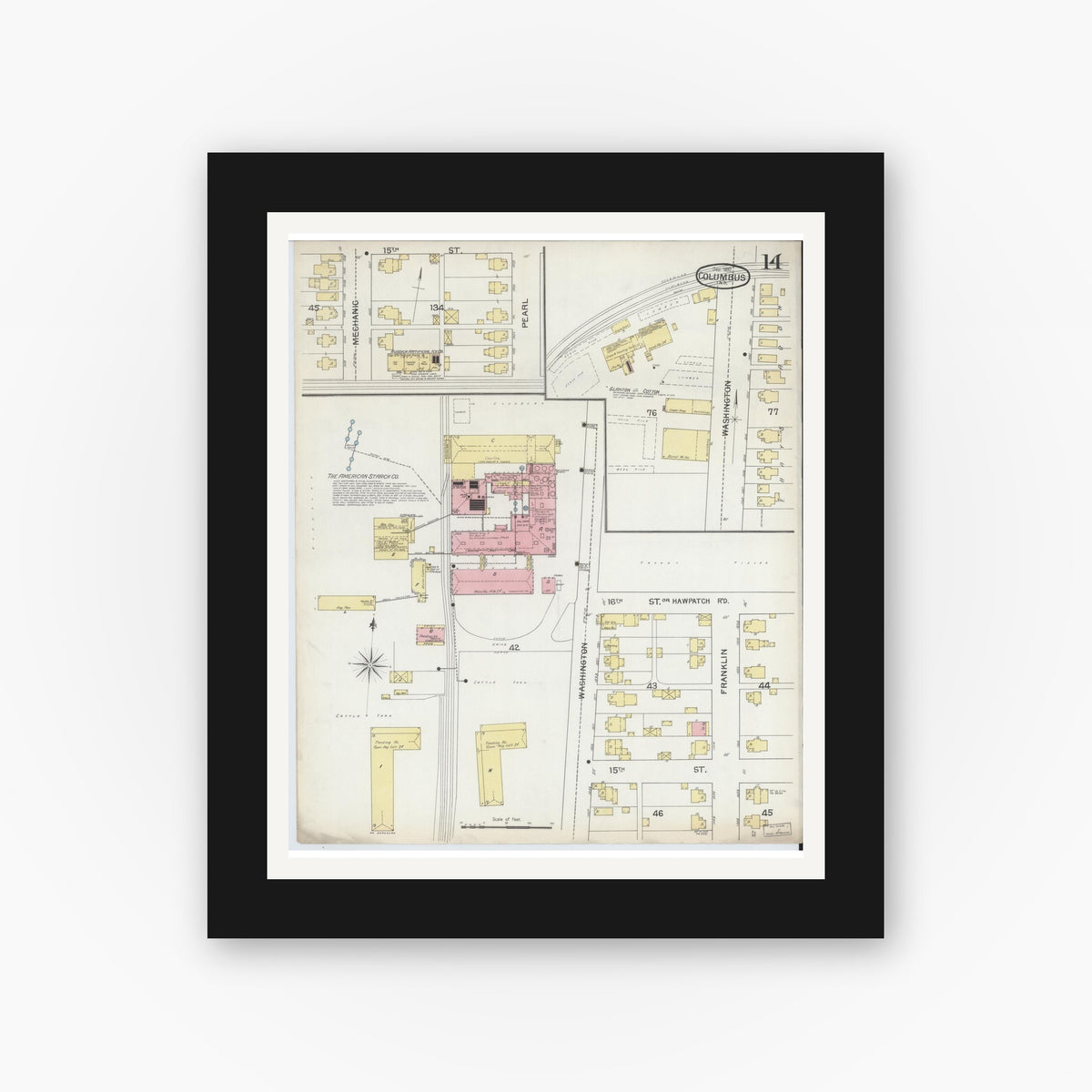 Old map wall art mockup — black gallery frame with white mat — Sanborn Fire Insurance Map from Columbus, Bartholomew County, Indiana (1892), Sheet #0014