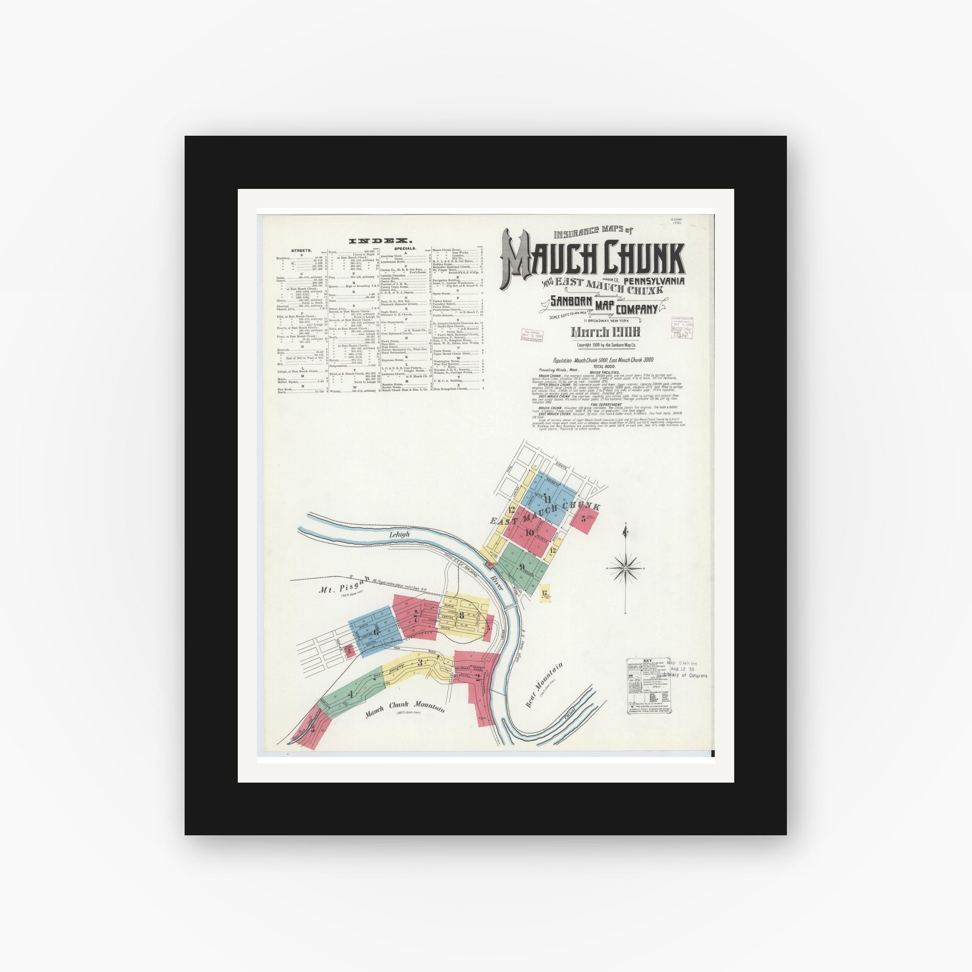 Old map wall art mockup — black gallery frame with white mat — Sanborn Fire Insurance Map from Mauch Chunk, Carbon County, Pennsylvania (1908) - Complete Map Set