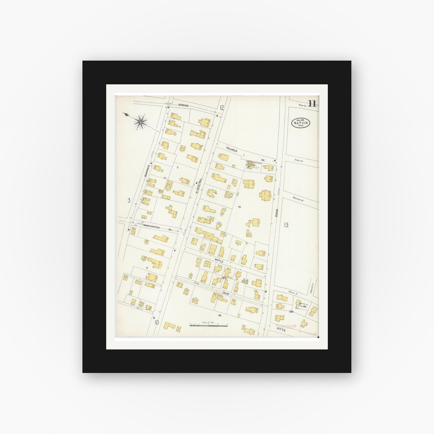 Old map wall art mockup — black gallery frame with white mat — Sanborn Fire Insurance Map from Natick, Middlesex County, Massachusetts (1904), Sheet #0011