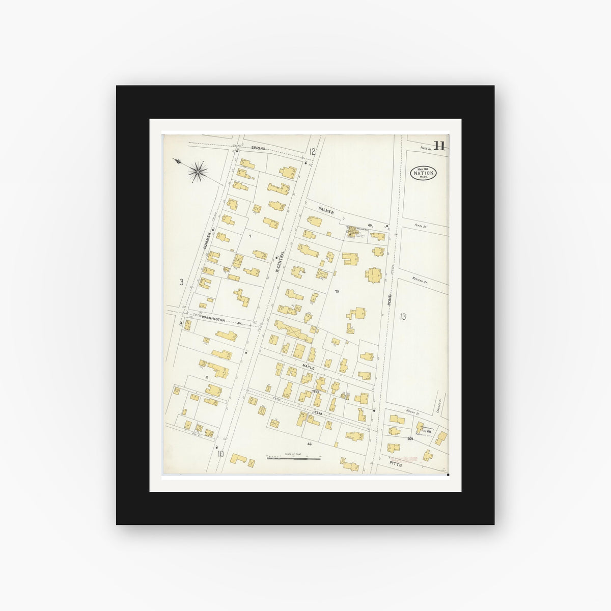 Old map wall art mockup — black gallery frame with white mat — Sanborn Fire Insurance Map from Natick, Middlesex County, Massachusetts (1904), Sheet #0011