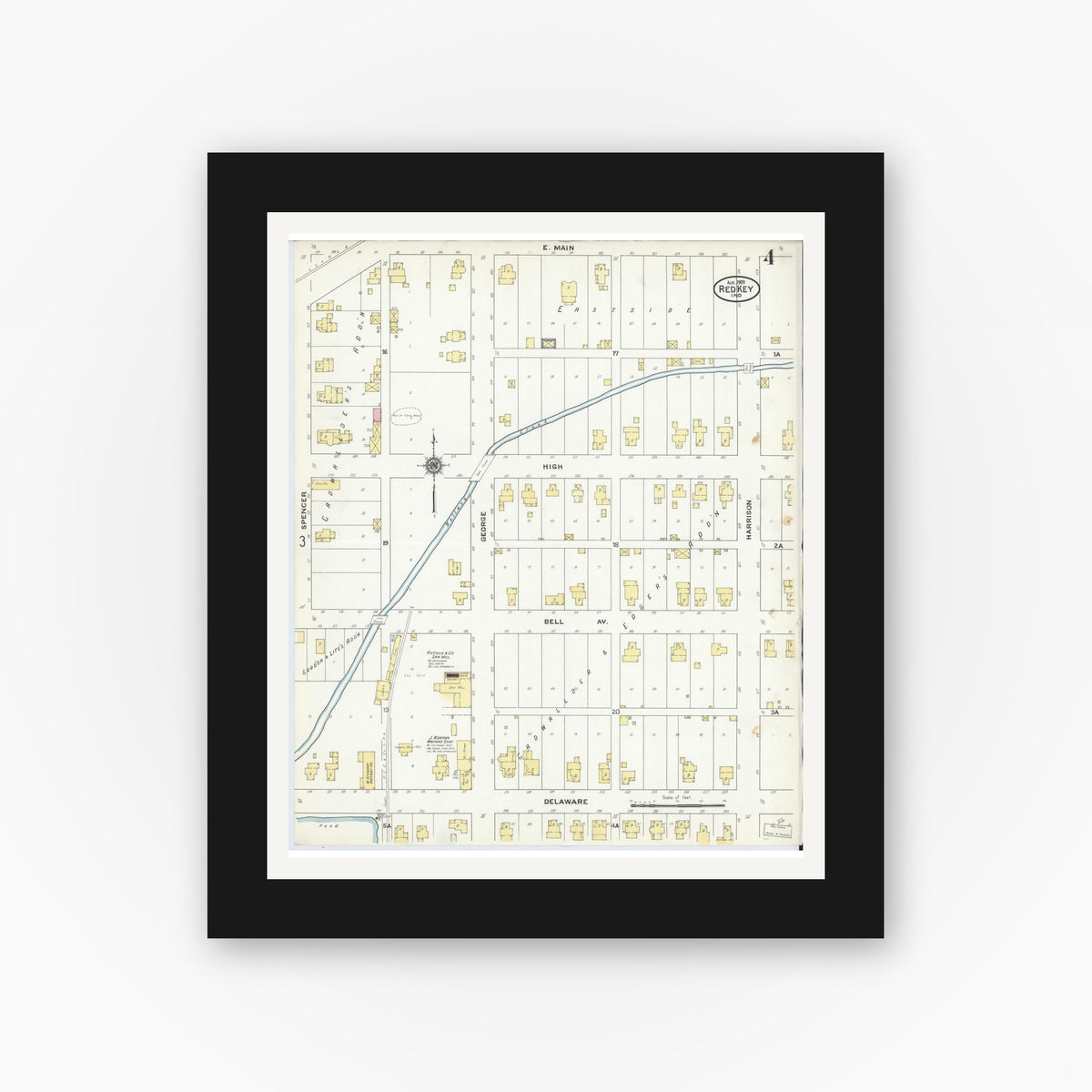 Old map wall art mockup — black gallery frame with white mat — Sanborn Fire Insurance Map from Redkey, Jay County, Indiana (1909), Sheet #0004
