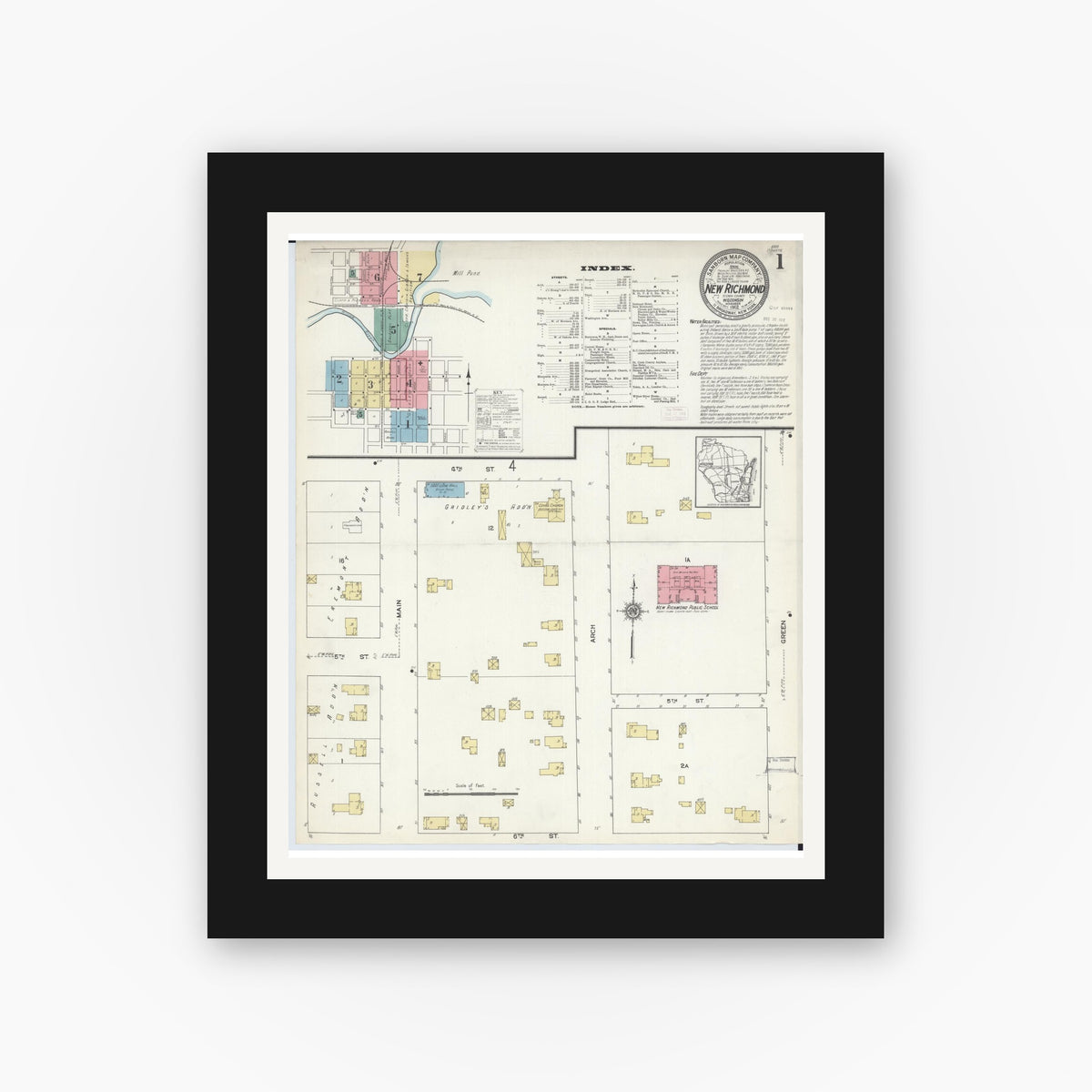 Old map wall art mockup — black gallery frame with white mat — Sanborn Fire Insurance Map from New Richmond, St. Croix County, Wisconsin (1912) - Complete Map Set