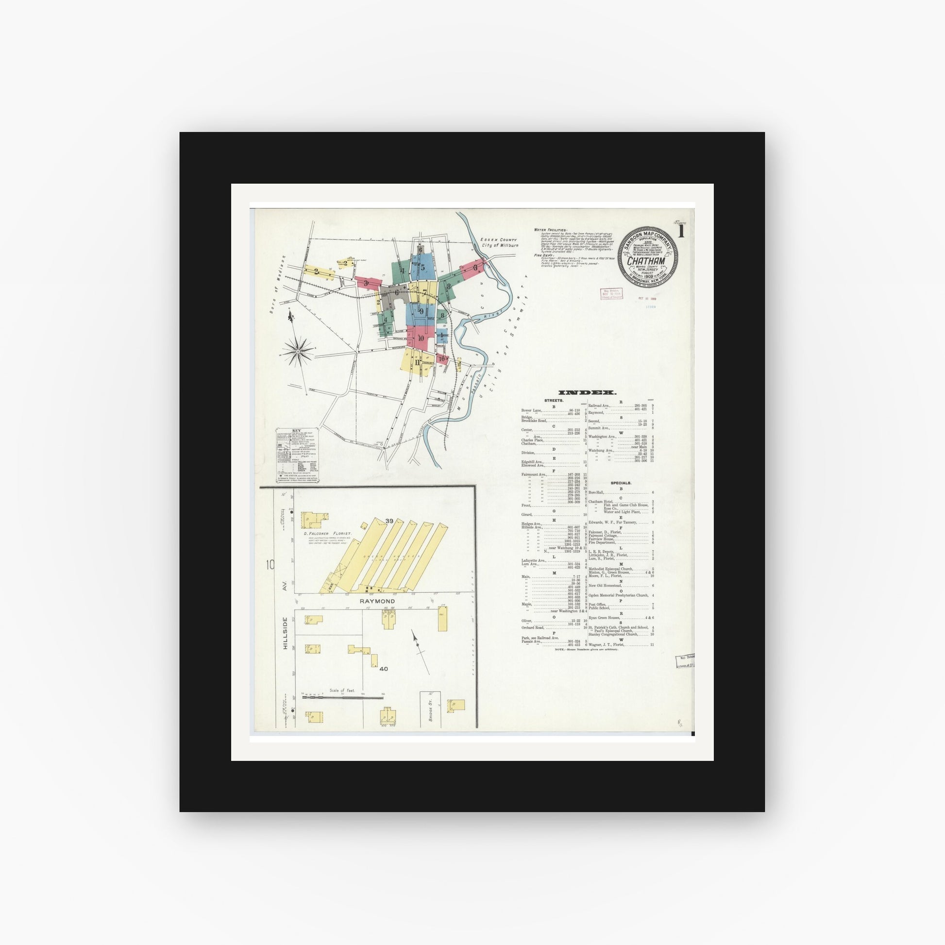 Old map wall art mockup — black gallery frame with white mat — Sanborn Fire Insurance Map from Chatham, Morris County, New Jersey (1909) - Complete Map Set