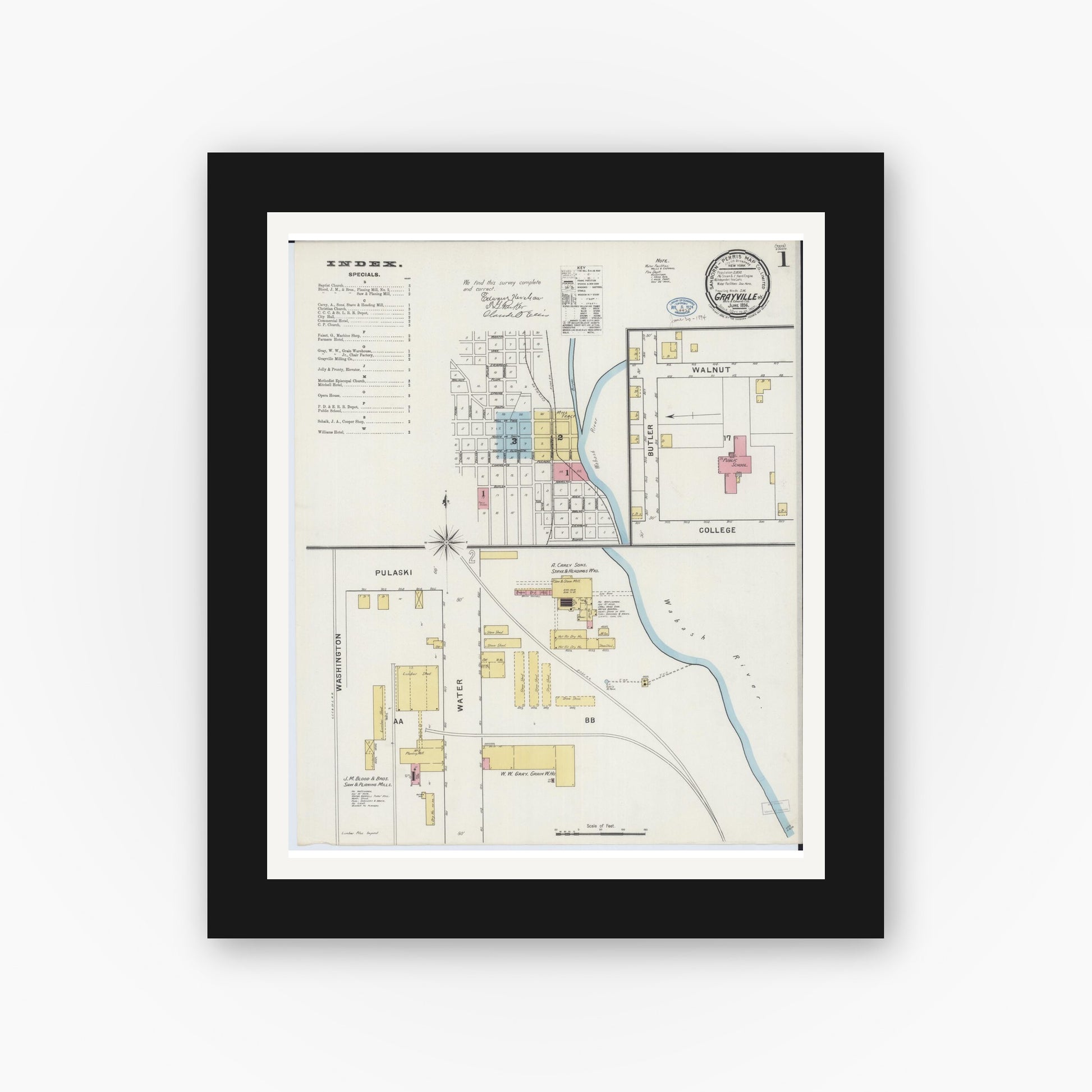 Old map wall art mockup — black gallery frame with white mat — Sanborn Fire Insurance Map from Grayville, White And Edwards Counties, Illinois (1894) - Complete Map Set