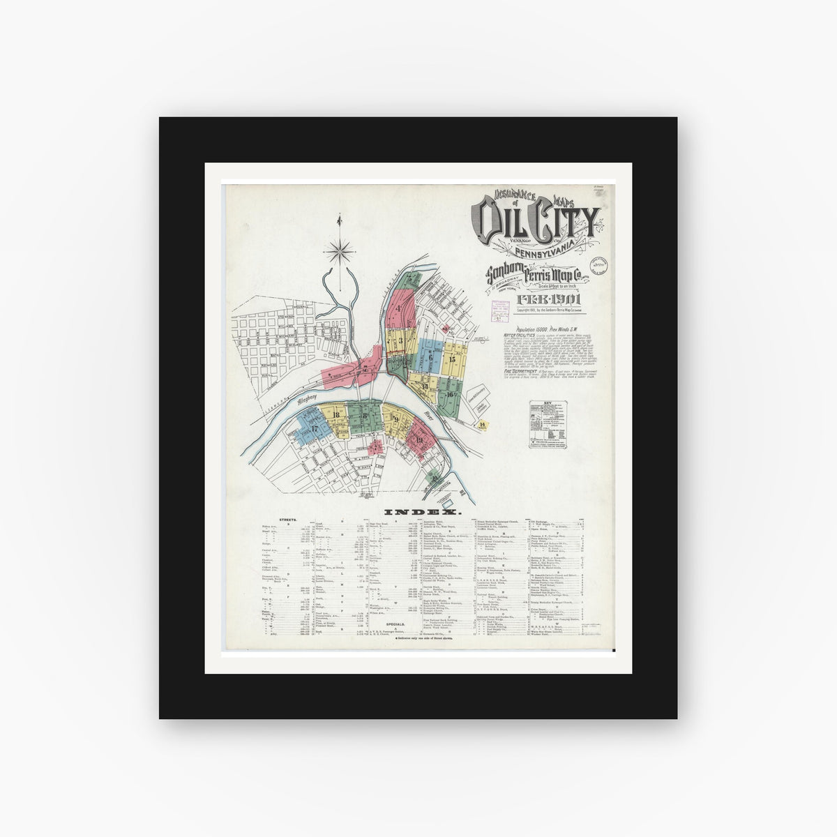 Old map wall art mockup — black gallery frame with white mat — Sanborn Fire Insurance Map from Oil City, Venango County, Pennsylvania (1901), Sheet #0001