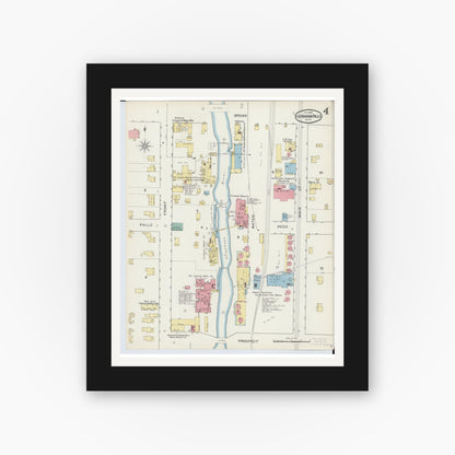 Old map wall art mockup — black gallery frame with white mat — Sanborn Fire Insurance Map from Cuyahoga Falls, Summit County, Ohio (1893), Sheet #0004