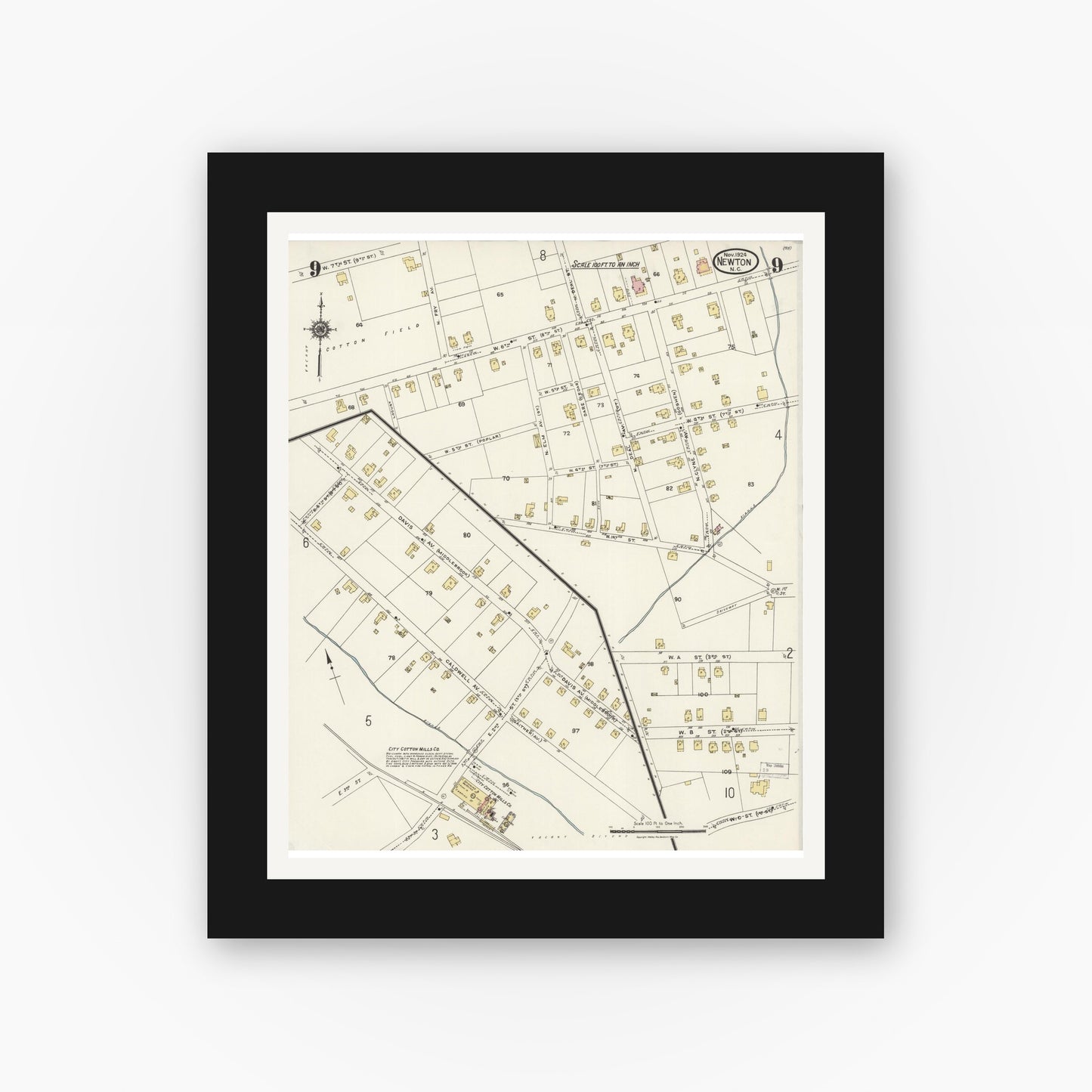 Old map wall art mockup — black gallery frame with white mat — Sanborn Fire Insurance Map from Newton, Catawba County, North Carolina (1924), Sheet #0009