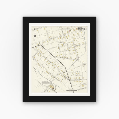 Old map wall art mockup — black gallery frame with white mat — Sanborn Fire Insurance Map from Newton, Catawba County, North Carolina (1924), Sheet #0009