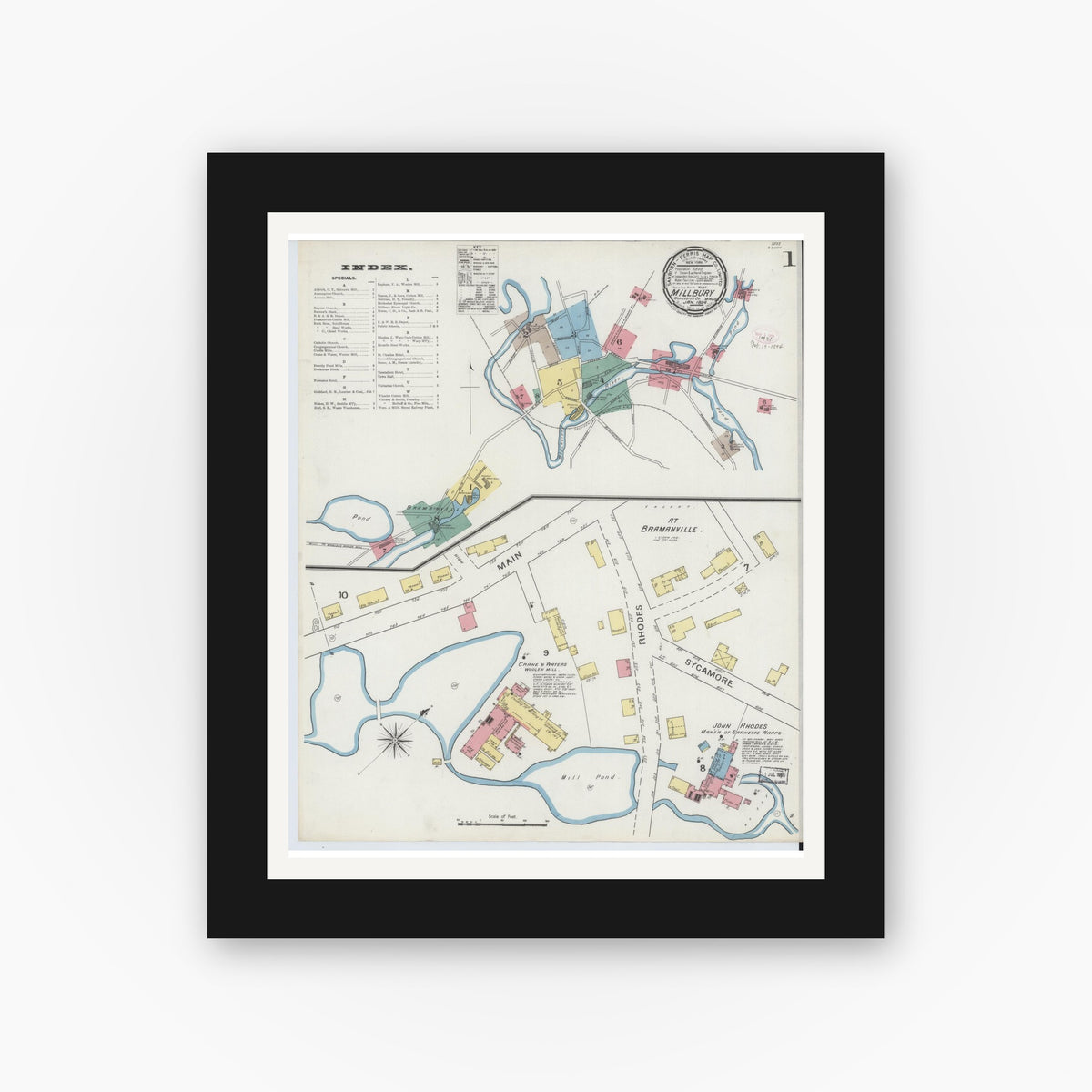 Old map wall art mockup — black gallery frame with white mat — Sanborn Fire Insurance Map from Millbury, Worcester County, Massachusetts (1894) - Complete Map Set