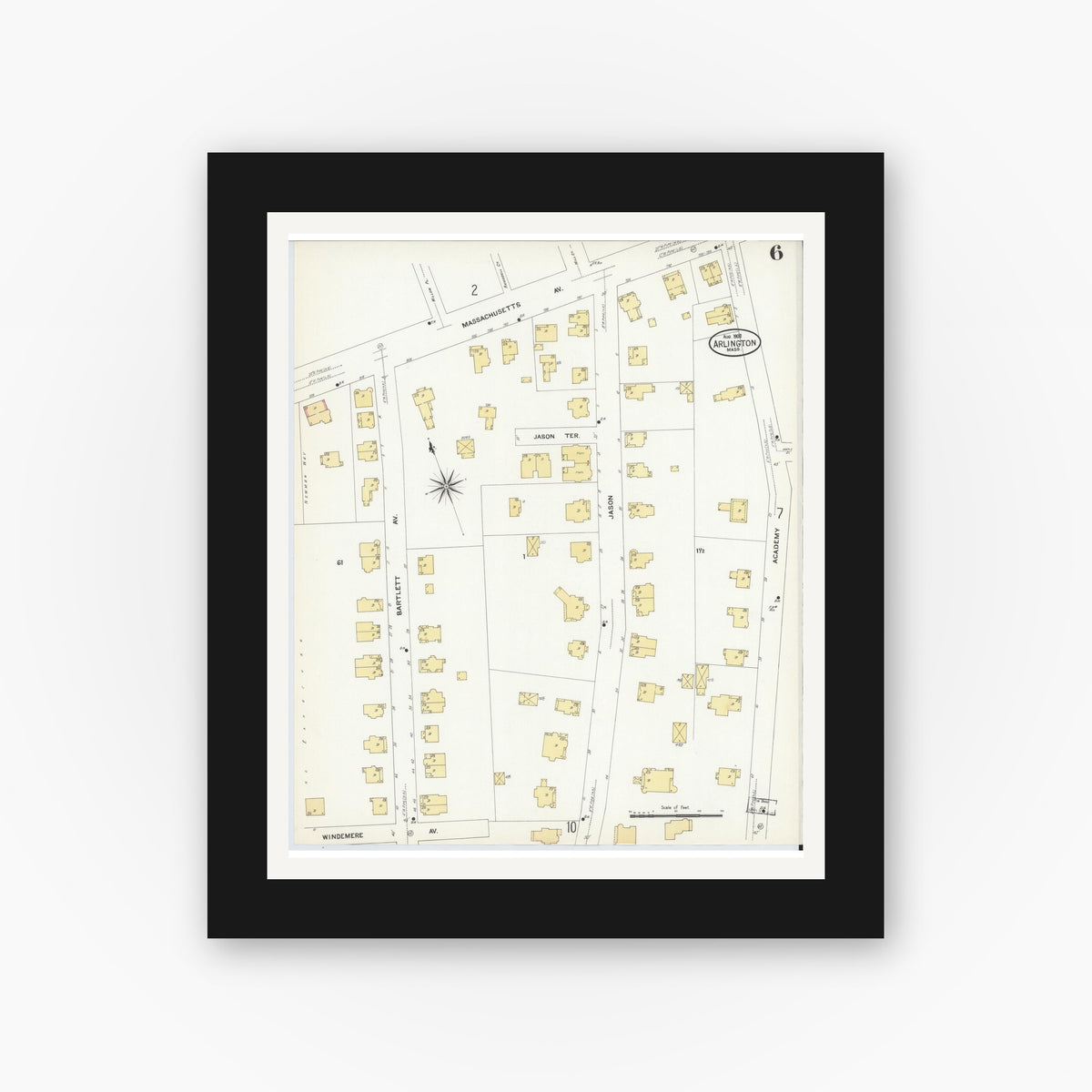 Old map wall art mockup — black gallery frame with white mat — Sanborn Fire Insurance Map from Arlington, Middlesex County, Massachusetts (1908), Sheet #0006