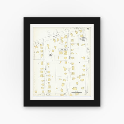 Old map wall art mockup — black gallery frame with white mat — Sanborn Fire Insurance Map from Arlington, Middlesex County, Massachusetts (1908), Sheet #0006