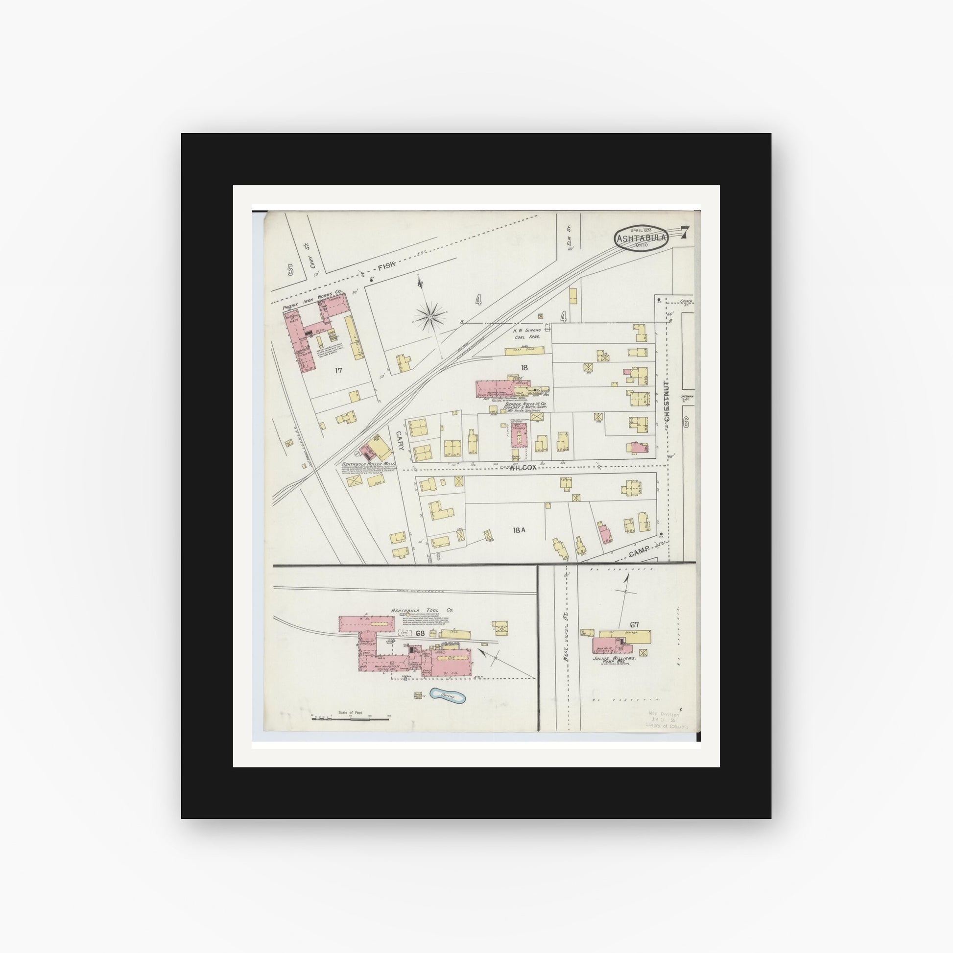 Old map wall art mockup — black gallery frame with white mat — Sanborn Fire Insurance Map from Ashtabula, Ashtabula County, Ohio (1893), Sheet #0007