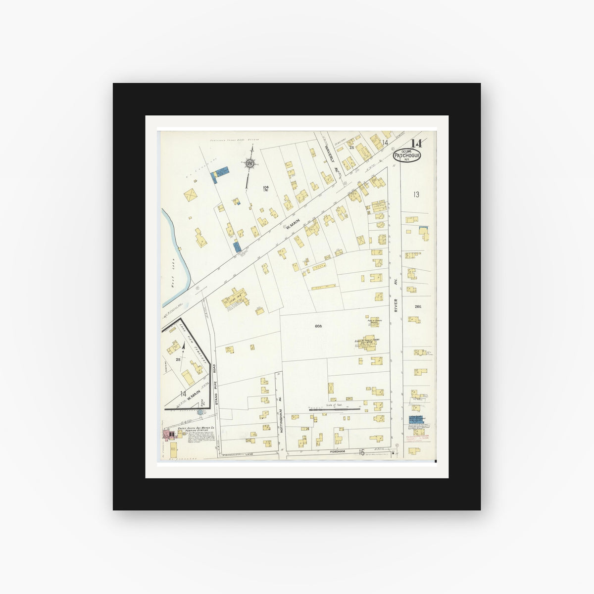 Old map wall art mockup — black gallery frame with white mat — Sanborn Fire Insurance Map from Patchogue, Suffolk County, New York (1916), Sheet #0014