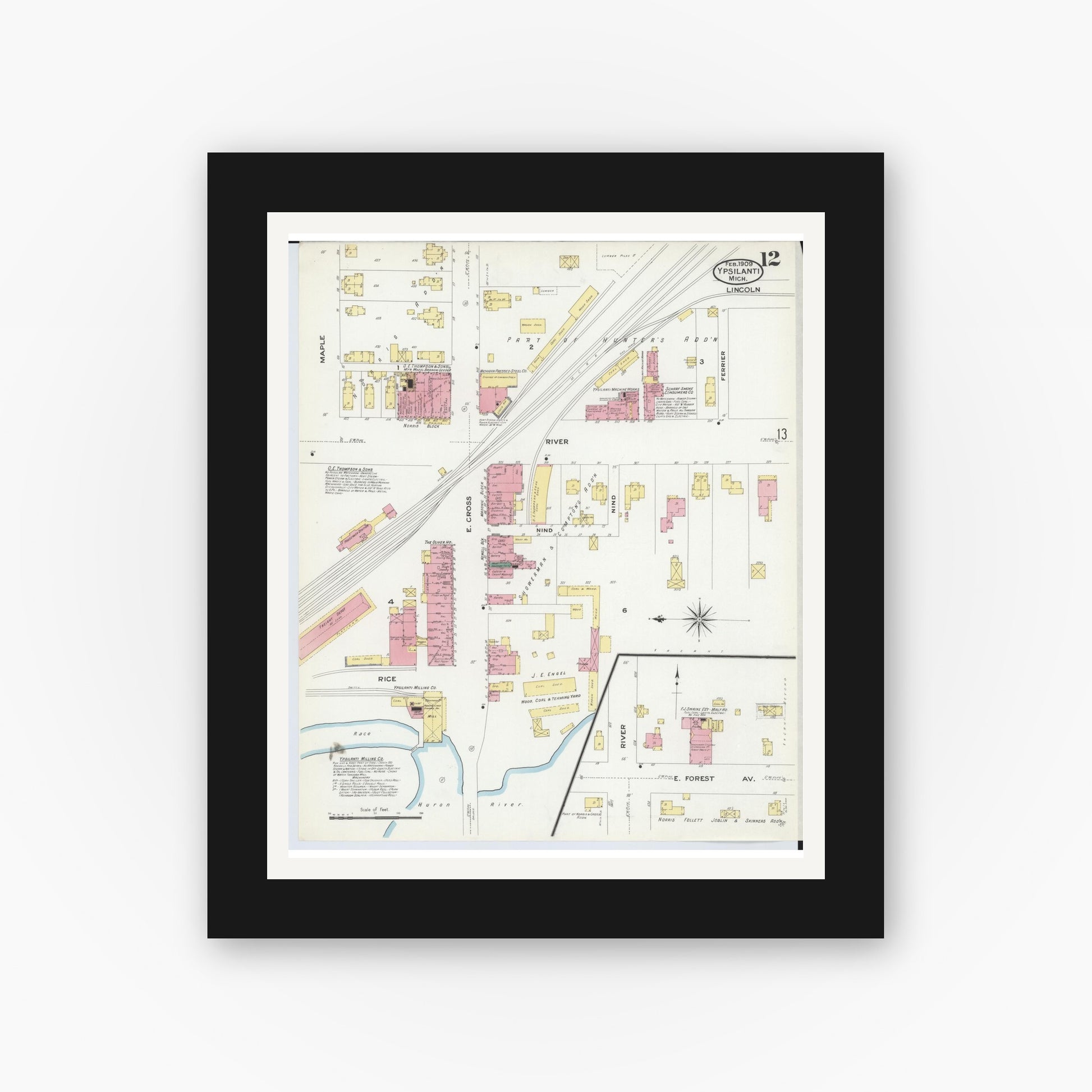 Old map wall art mockup — black gallery frame with white mat — Sanborn Fire Insurance Map from Ypsilanti, Washtenaw County, Michigan (1909), Sheet #0012