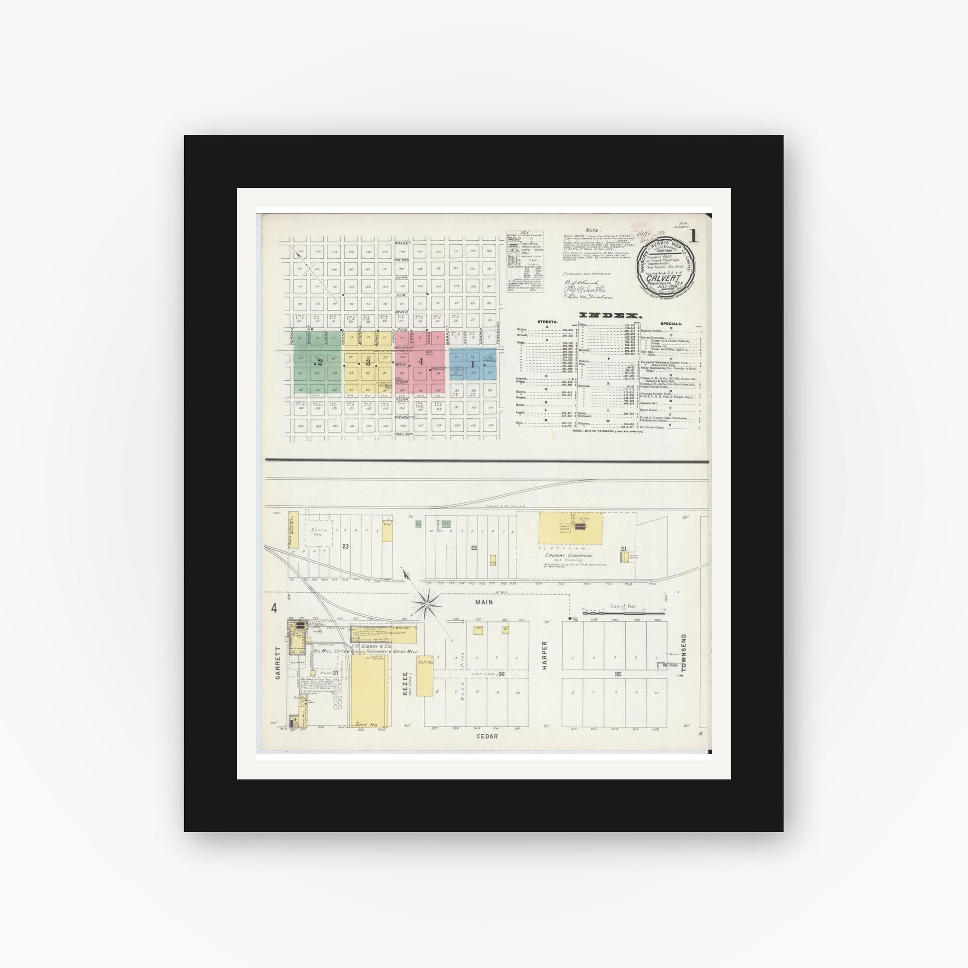 Old map wall art mockup — black gallery frame with white mat — Sanborn Fire Insurance Map from Calvert, Robertson County, Texas (1896), Sheet #0001