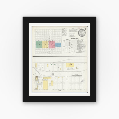 Old map wall art mockup — black gallery frame with white mat — Sanborn Fire Insurance Map from Calvert, Robertson County, Texas (1896), Sheet #0001