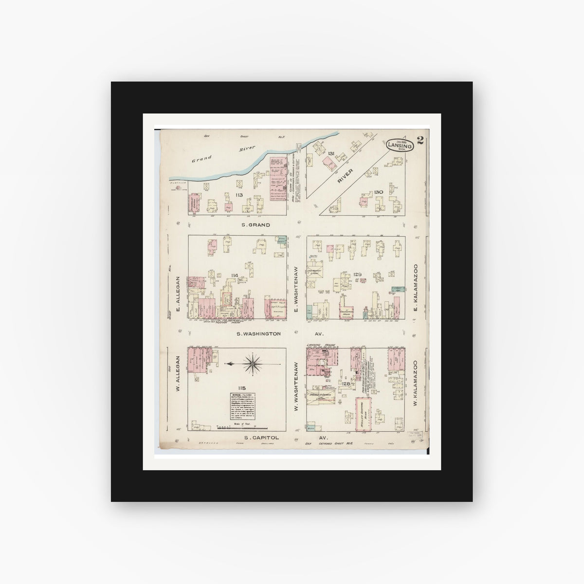 Old map wall art mockup — black gallery frame with white mat — Sanborn Fire Insurance Map from Lansing, Ingham County, Michigan (1885), Sheet #0002