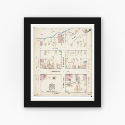 Old map wall art mockup — black gallery frame with white mat — Sanborn Fire Insurance Map from Lansing, Ingham County, Michigan (1885), Sheet #0002