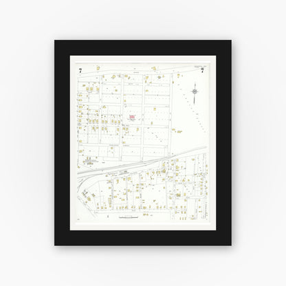Old map wall art mockup — black gallery frame with white mat — Sanborn Fire Insurance Map from Commerce, Hunt County, Texas (1933), Sheet #0007
