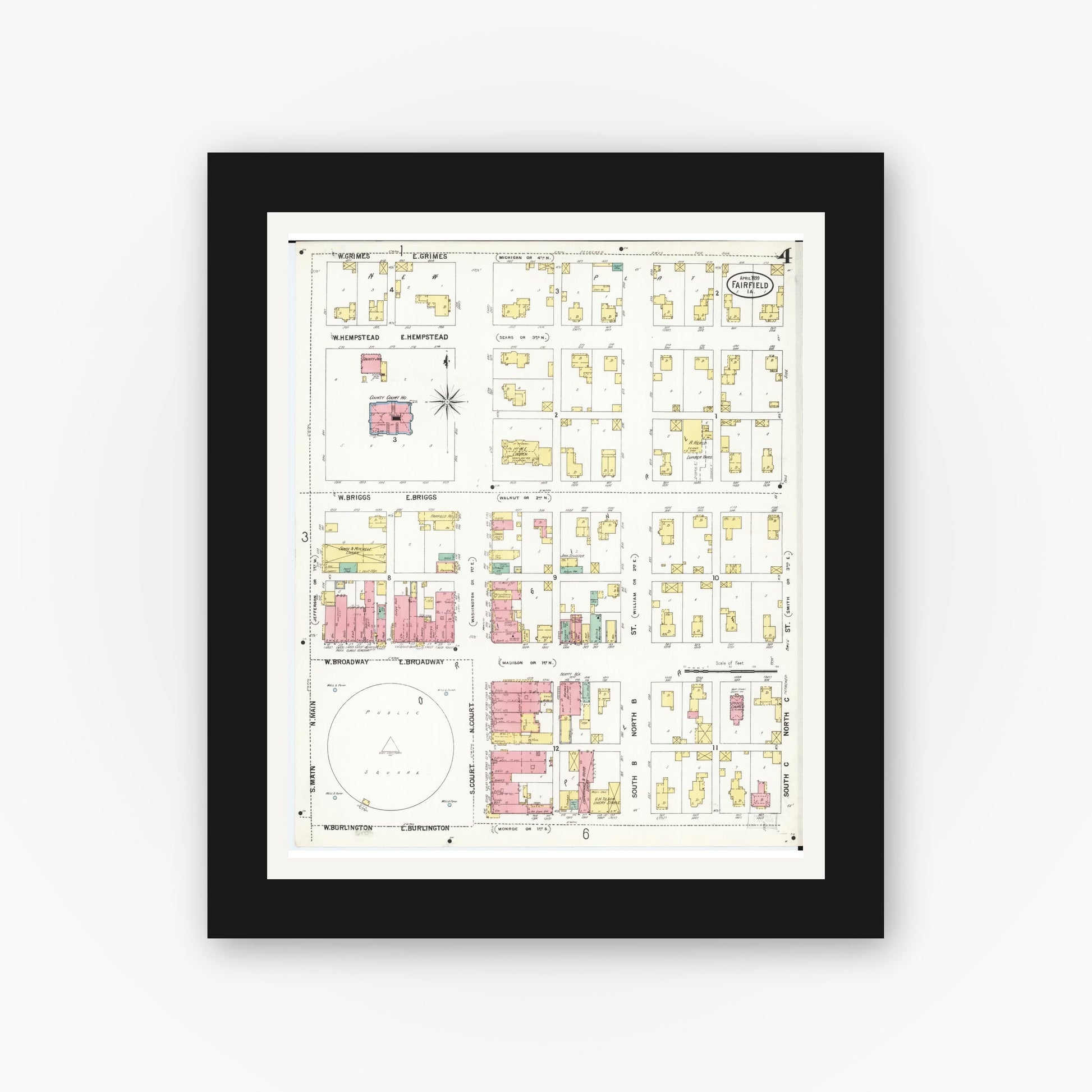Old map wall art mockup — black gallery frame with white mat — Sanborn Fire Insurance Map from Fairfield, Jefferson County, Iowa (1899), Sheet #0004