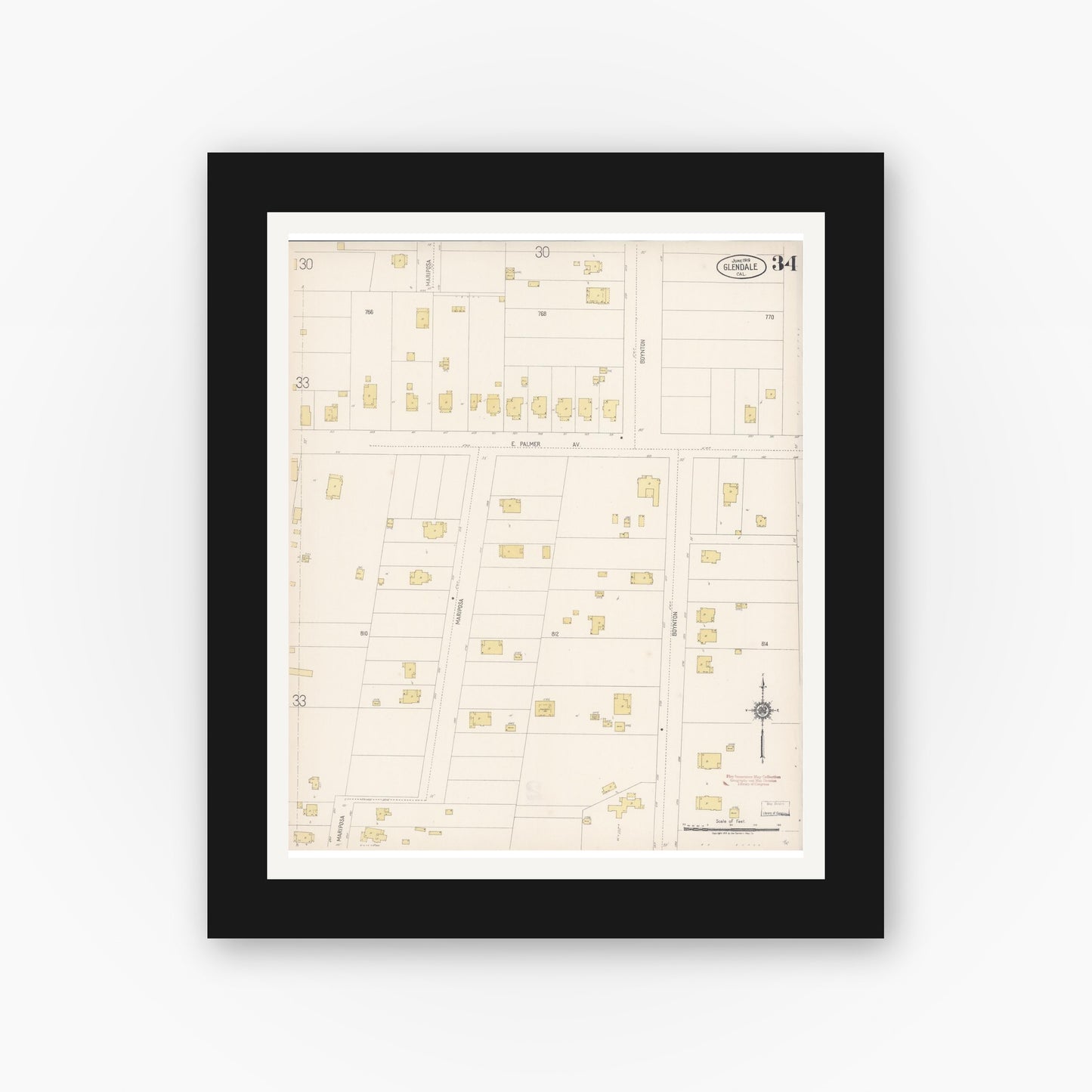 Old map wall art mockup — black gallery frame with white mat — Sanborn Fire Insurance Map from Glendale, Los Angeles County, California (1919), Sheet #0034