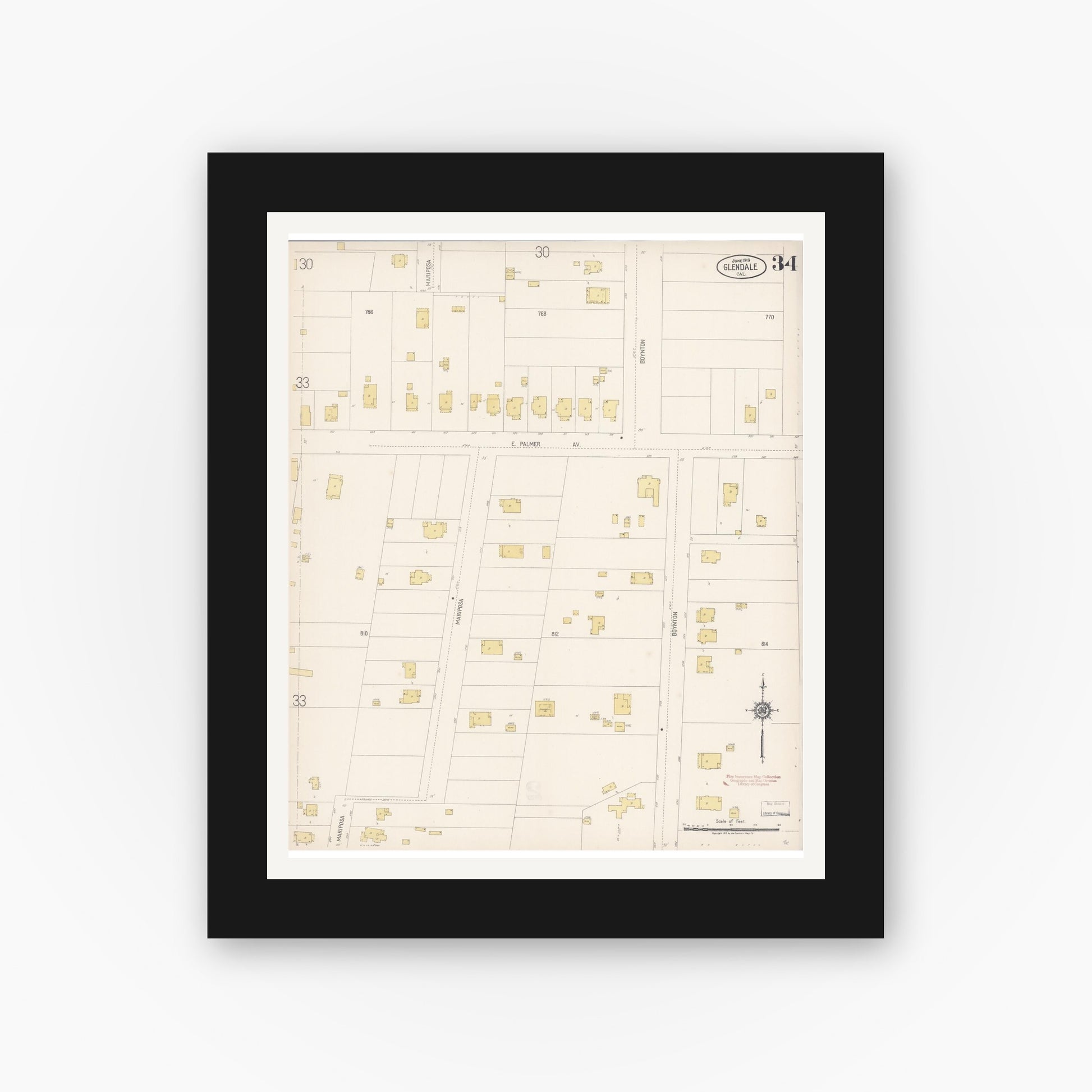 Old map wall art mockup — black gallery frame with white mat — Sanborn Fire Insurance Map from Glendale, Los Angeles County, California (1919), Sheet #0034
