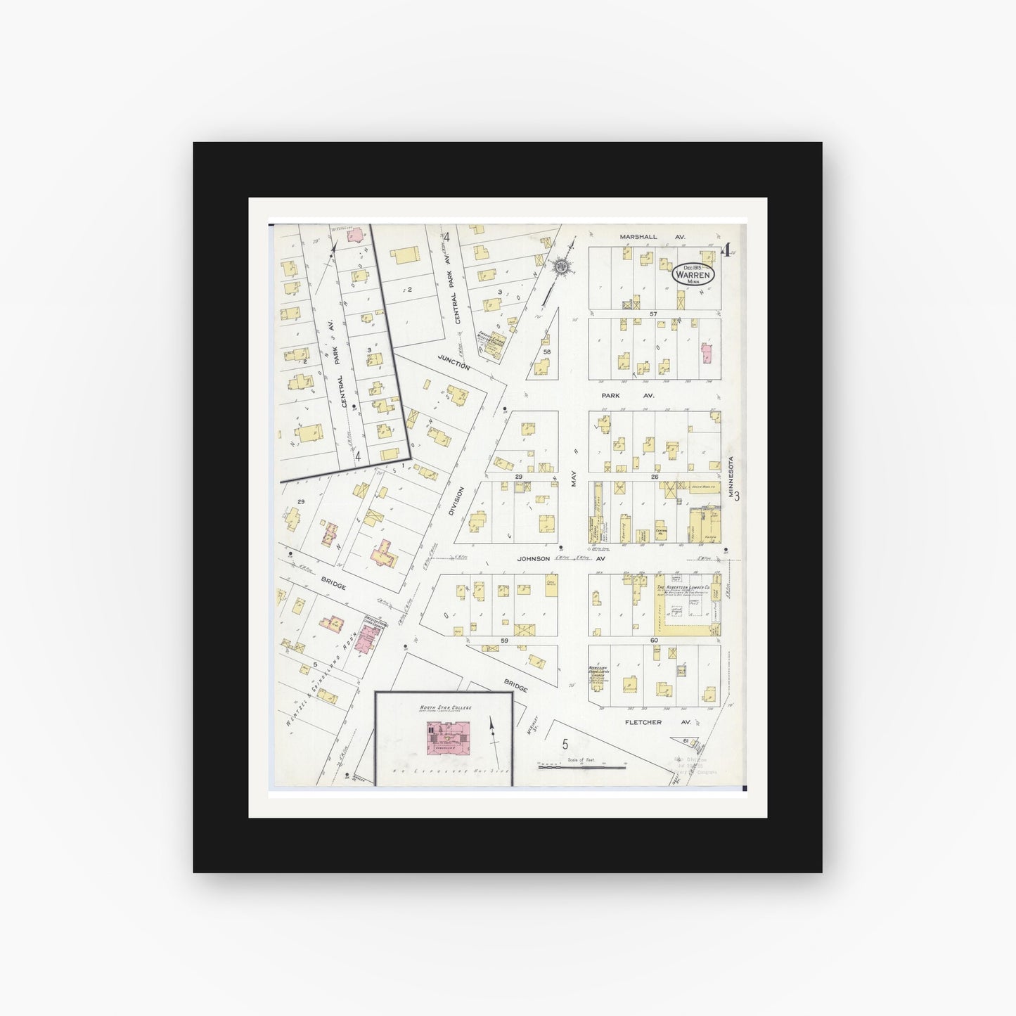 Old map wall art mockup — black gallery frame with white mat — Sanborn Fire Insurance Map from Warren, Marshall County, Minnesota (1915), Sheet #0004