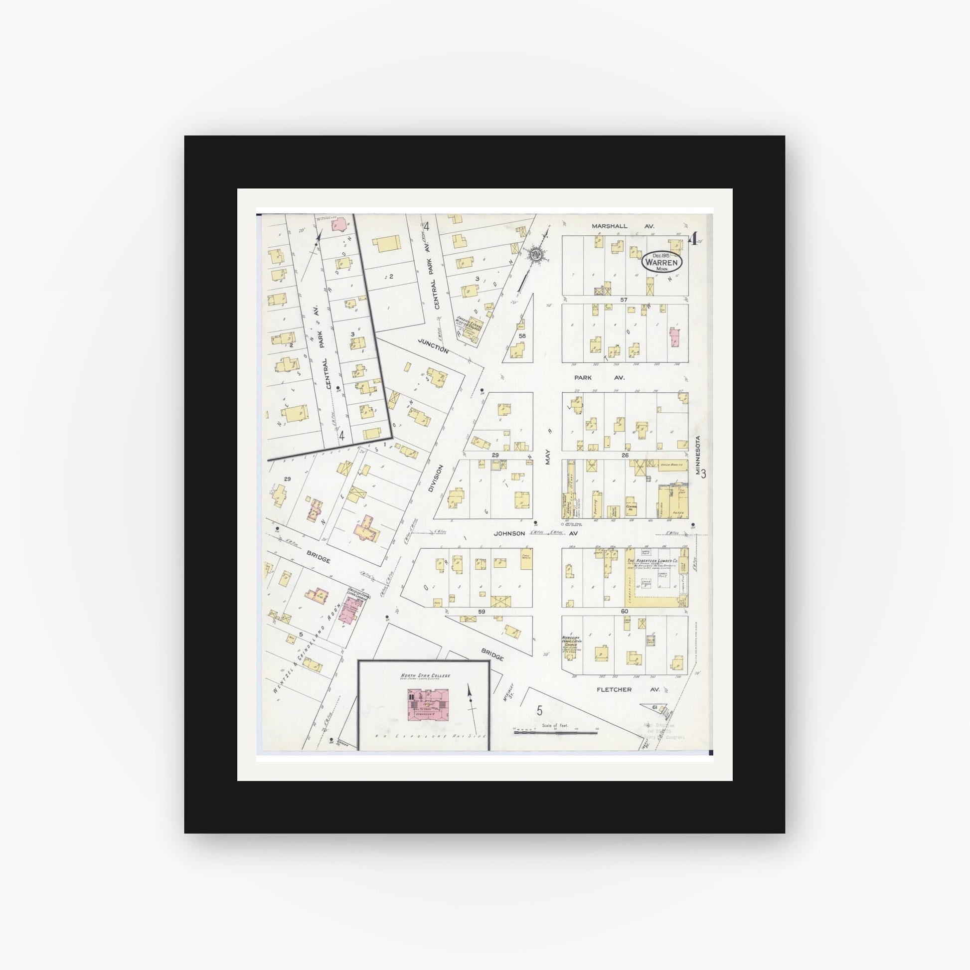Old map wall art mockup — black gallery frame with white mat — Sanborn Fire Insurance Map from Warren, Marshall County, Minnesota (1915), Sheet #0004