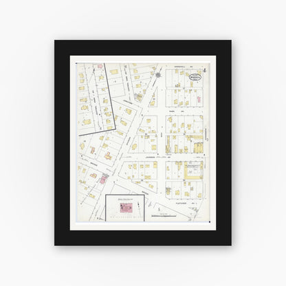 Old map wall art mockup — black gallery frame with white mat — Sanborn Fire Insurance Map from Warren, Marshall County, Minnesota (1915), Sheet #0004