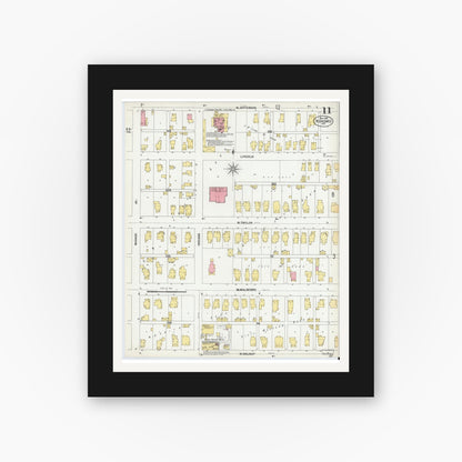 Old map wall art mockup — black gallery frame with white mat — Sanborn Fire Insurance Map from Kokomo, Howard County, Indiana (1902), Sheet #0011