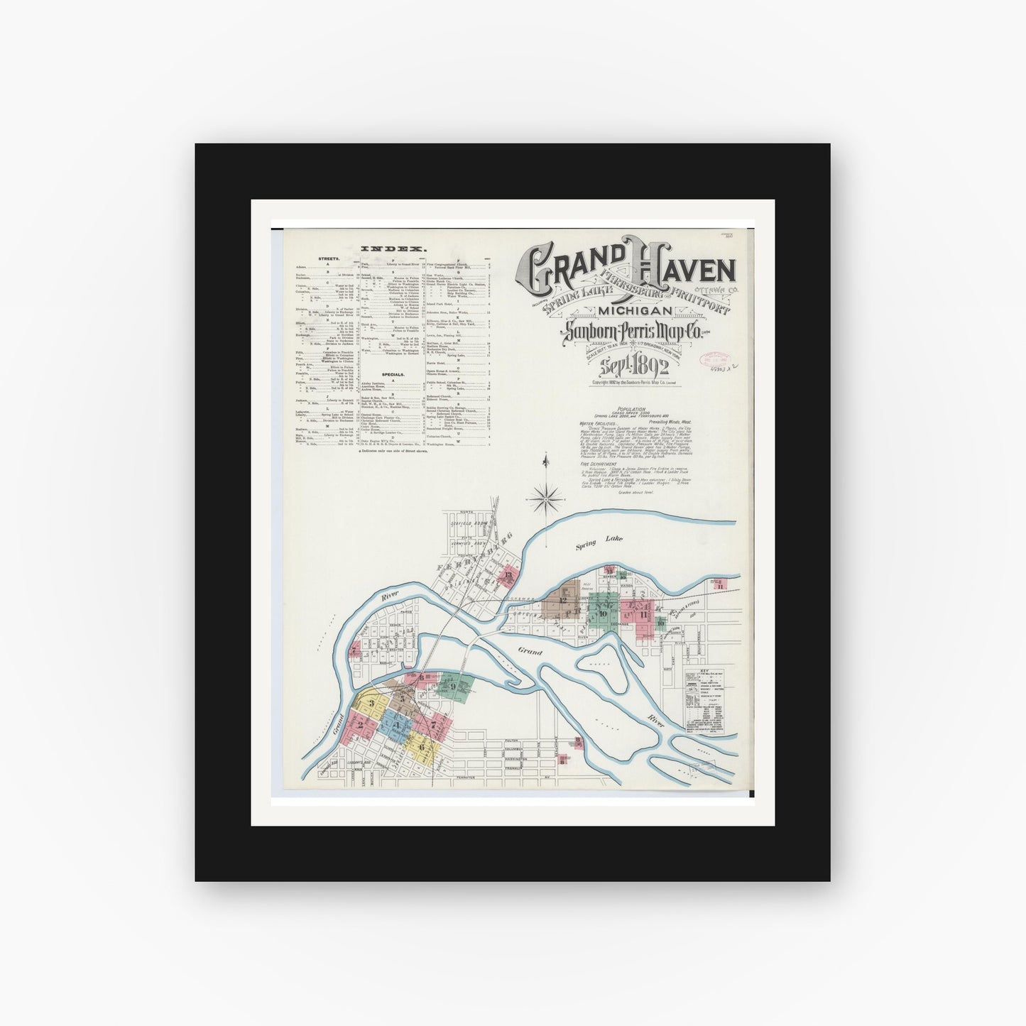 Old map wall art mockup — black gallery frame with white mat — Sanborn Fire Insurance Map from Grand Haven, Ottawa County, Michigan (1892) - Complete Map Set