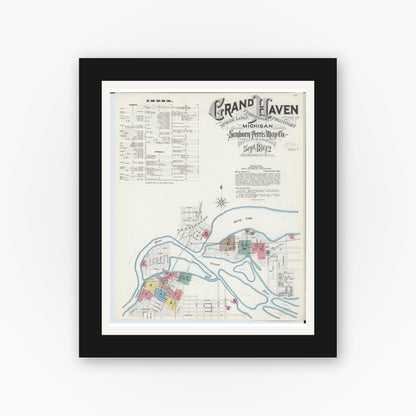 Old map wall art mockup — black gallery frame with white mat — Sanborn Fire Insurance Map from Grand Haven, Ottawa County, Michigan (1892) - Complete Map Set