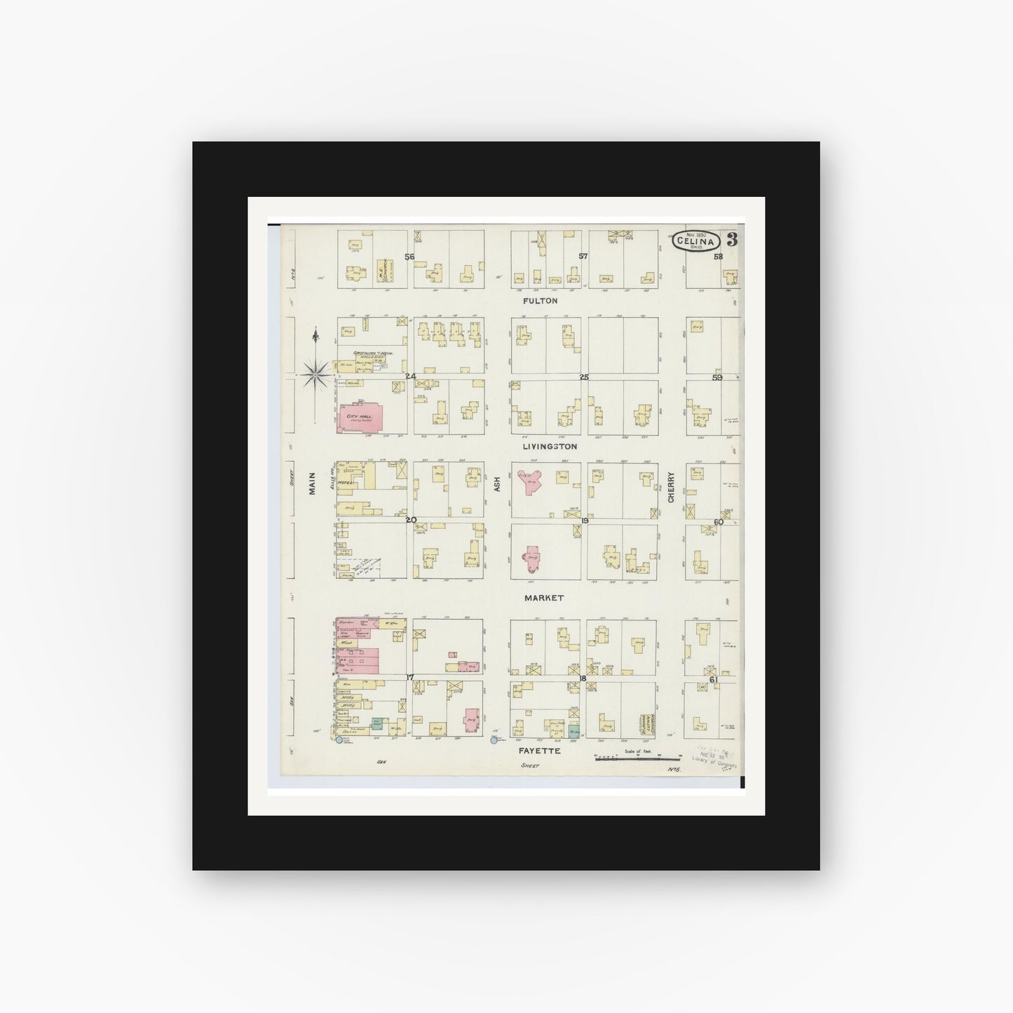 Old map wall art mockup — black gallery frame with white mat — Sanborn Fire Insurance Map from Celina, Mercer County, Ohio (1890), Sheet #0003