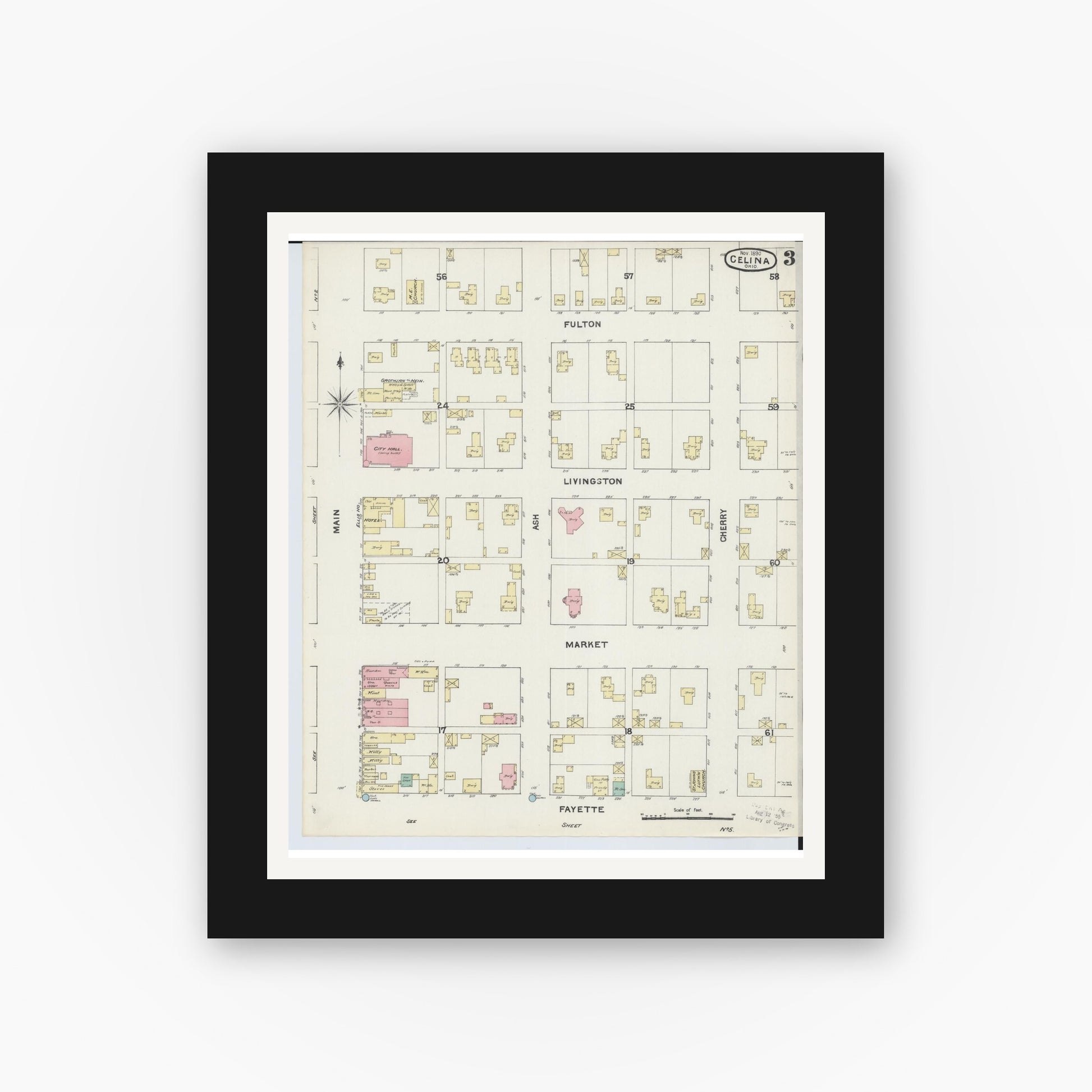 Old map wall art mockup — black gallery frame with white mat — Sanborn Fire Insurance Map from Celina, Mercer County, Ohio (1890), Sheet #0003