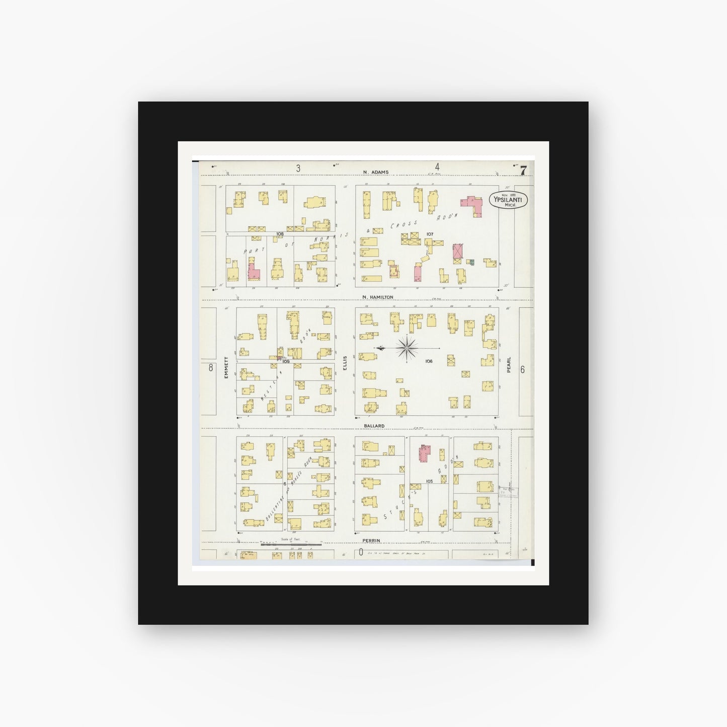 Old map wall art mockup — black gallery frame with white mat — Sanborn Fire Insurance Map from Ypsilanti, Washtenaw County, Michigan (1899), Sheet #0007