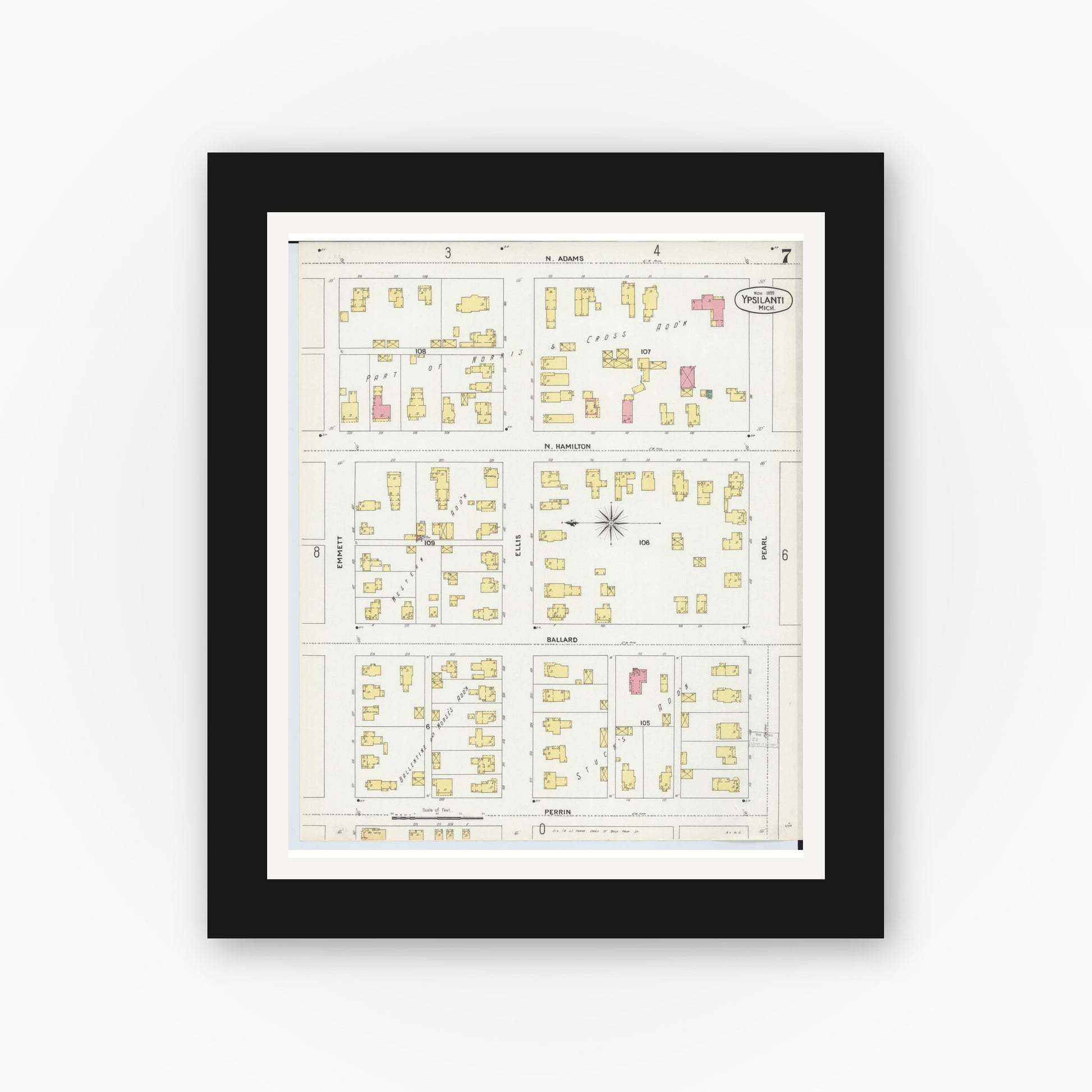 Old map wall art mockup — black gallery frame with white mat — Sanborn Fire Insurance Map from Ypsilanti, Washtenaw County, Michigan (1899), Sheet #0007