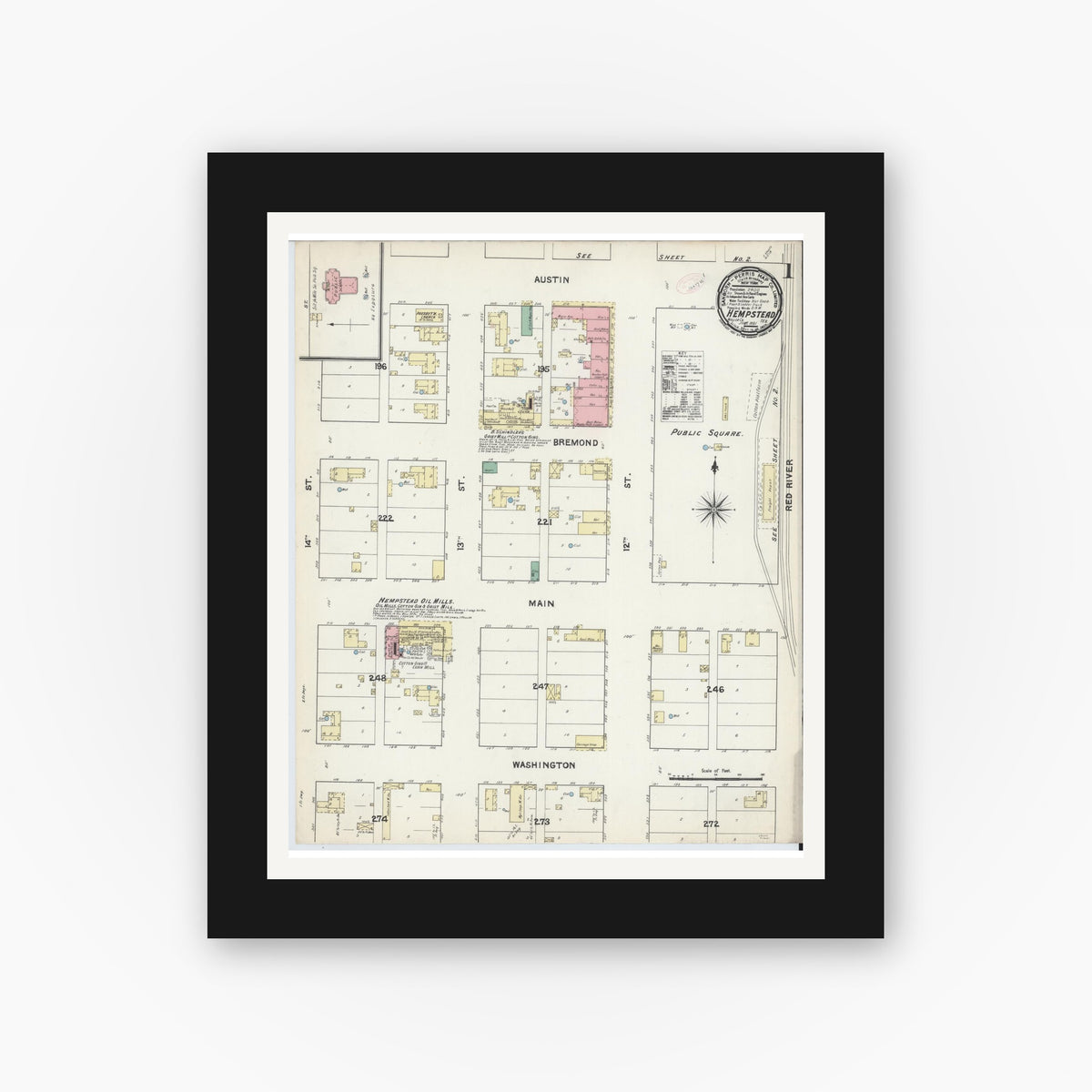 Old map wall art mockup — black gallery frame with white mat — Sanborn Fire Insurance Map from Hempstead, Waller County, Texas (1891) - Complete Map Set