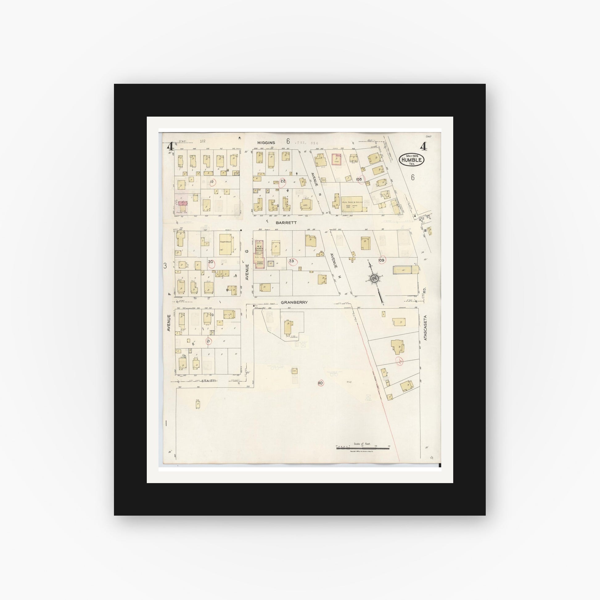 Old map wall art mockup — black gallery frame with white mat — Sanborn Fire Insurance Map from Humble, Harris County, Texas (1940), Sheet #0004
