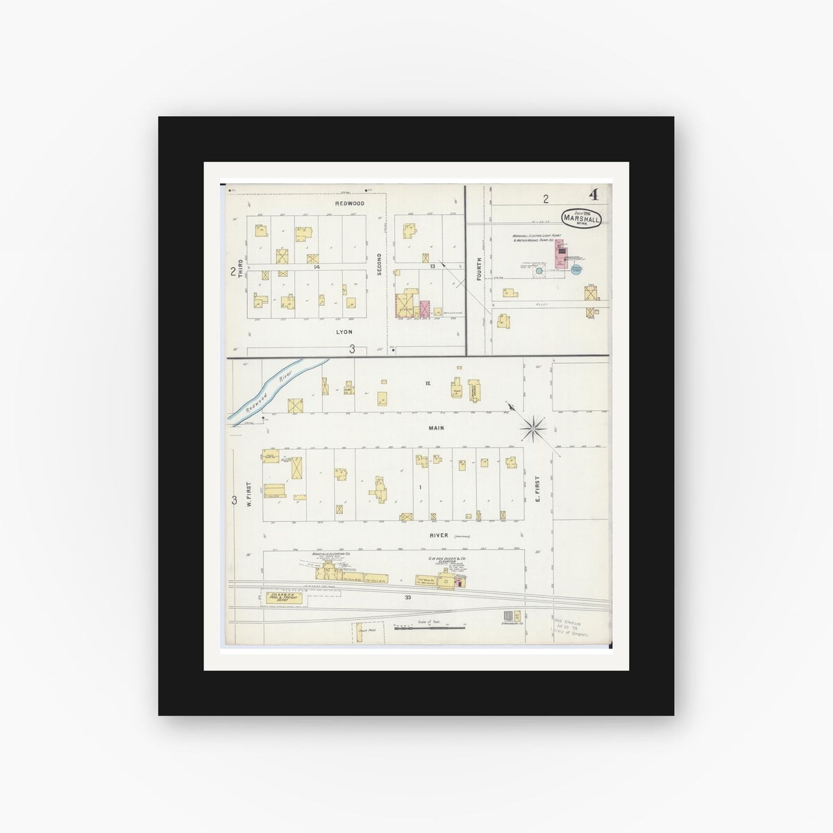 Old map wall art mockup — black gallery frame with white mat — Sanborn Fire Insurance Map from Marshall, Lyon County, Minnesota (1896), Sheet #0004