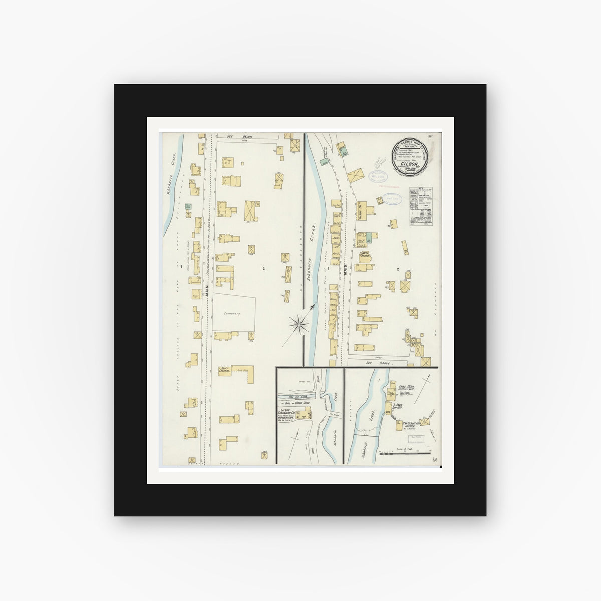 Old map wall art mockup — black gallery frame with white mat — Sanborn Fire Insurance Map from Gilboa, Schoharie County, New York (1898), Sheet #0001