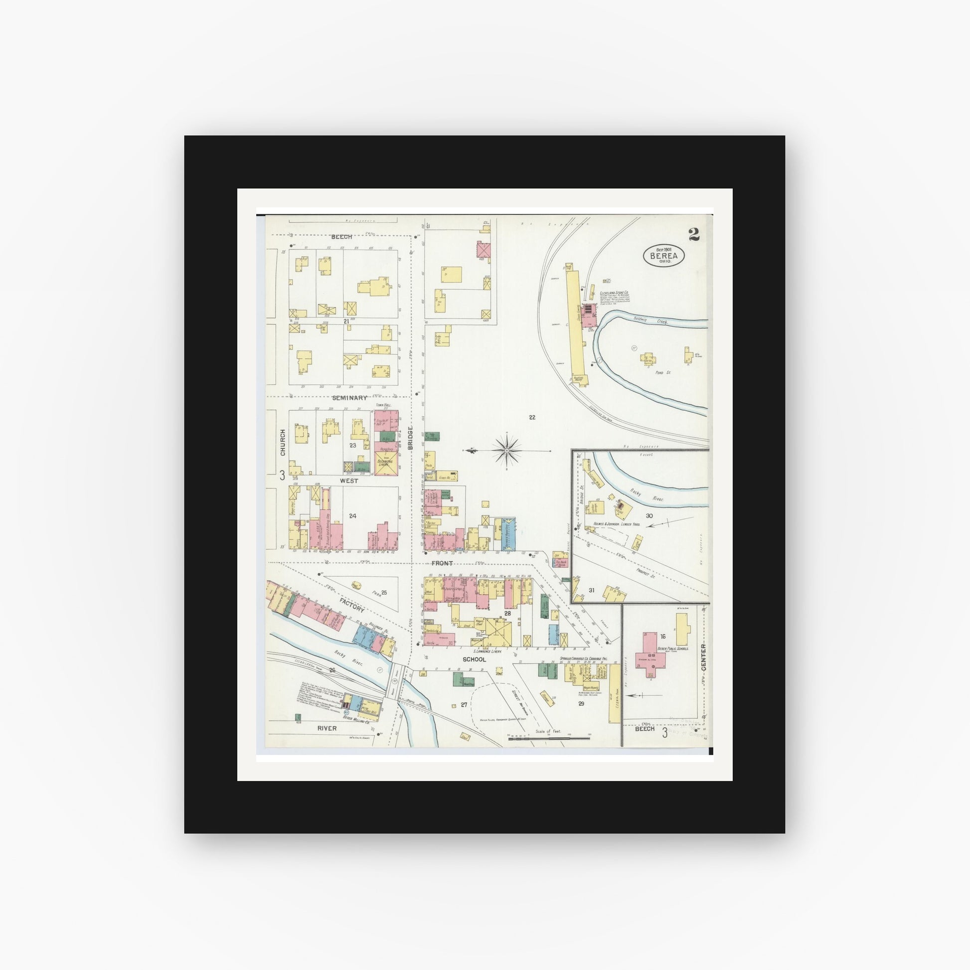 Old map wall art mockup — black gallery frame with white mat — Sanborn Fire Insurance Map from Berea, Cuyahoga County, Ohio (1901), Sheet #0002