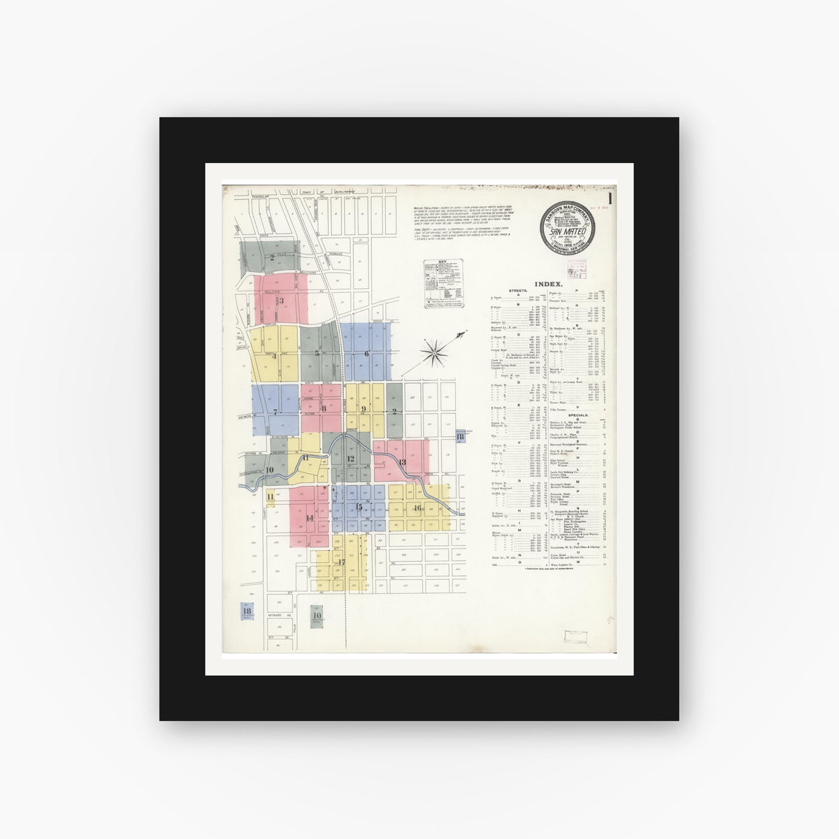 Old map wall art mockup — black gallery frame with white mat — Sanborn Fire Insurance Map from San Mateo, San Mateo County, California (1908) - Complete Map Set