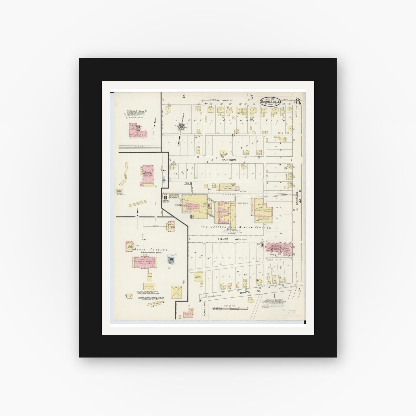 Old map wall art mockup — black gallery frame with white mat — Sanborn Fire Insurance Map from Barnesville, Belmont County, Ohio (1915), Sheet #0008