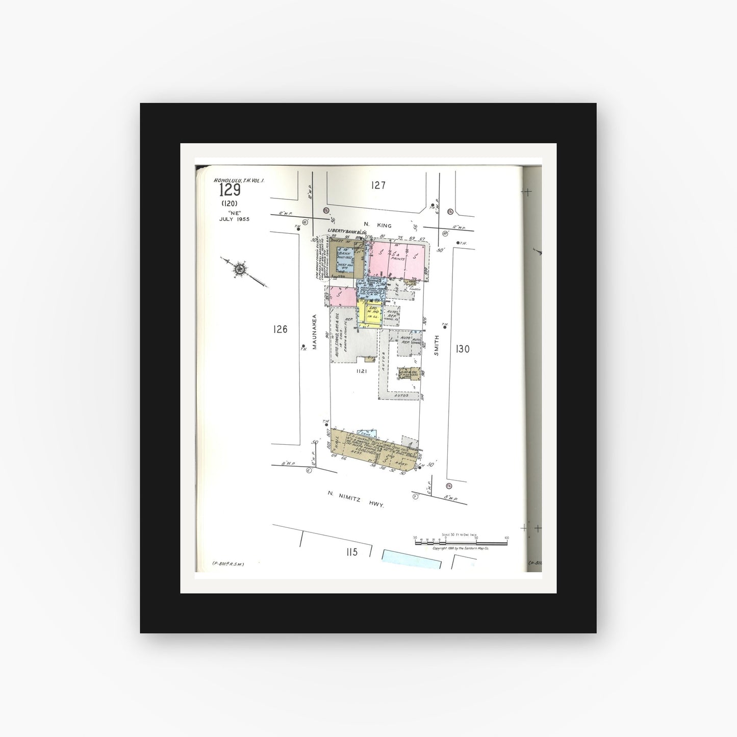 Old map wall art mockup — black gallery frame with white mat — Sanborn Fire Insurance Map from Honolulu, Oahu County, Hawaii (1955), Sheet #0129