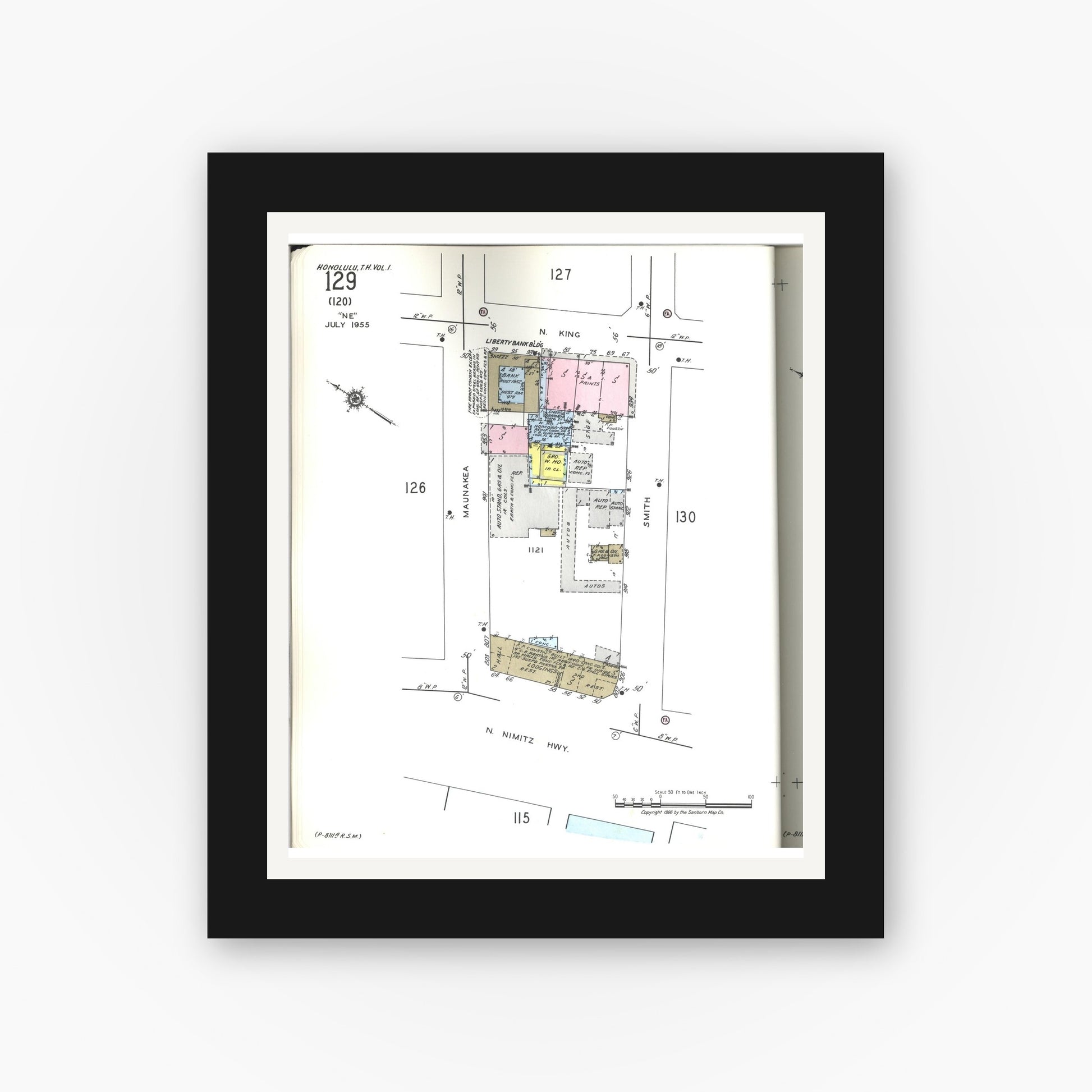 Old map wall art mockup — black gallery frame with white mat — Sanborn Fire Insurance Map from Honolulu, Oahu County, Hawaii (1955), Sheet #0129