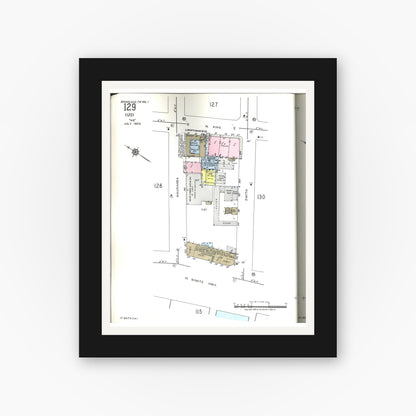 Old map wall art mockup — black gallery frame with white mat — Sanborn Fire Insurance Map from Honolulu, Oahu County, Hawaii (1955), Sheet #0129