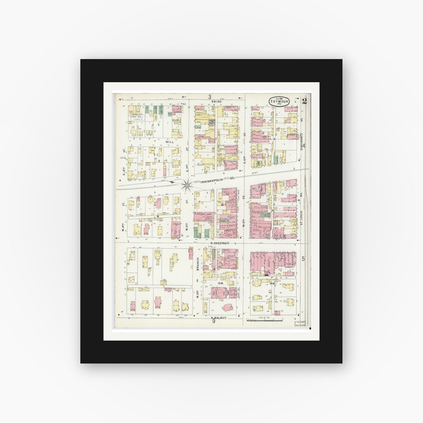 Old map wall art mockup — black gallery frame with white mat — Sanborn Fire Insurance Map from Seymour, Jackson County, Indiana (1896), Sheet #0002