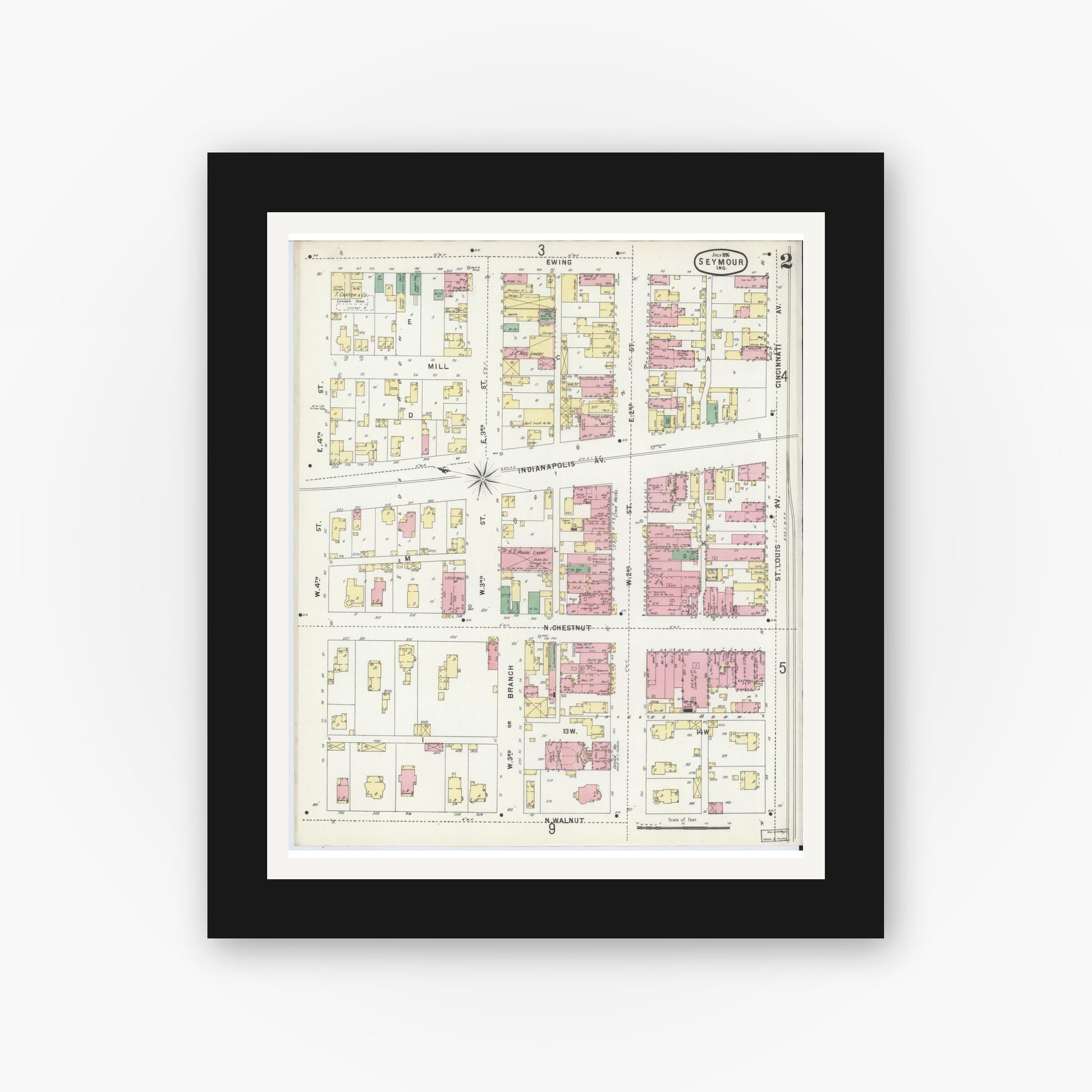Old map wall art mockup — black gallery frame with white mat — Sanborn Fire Insurance Map from Seymour, Jackson County, Indiana (1896), Sheet #0002